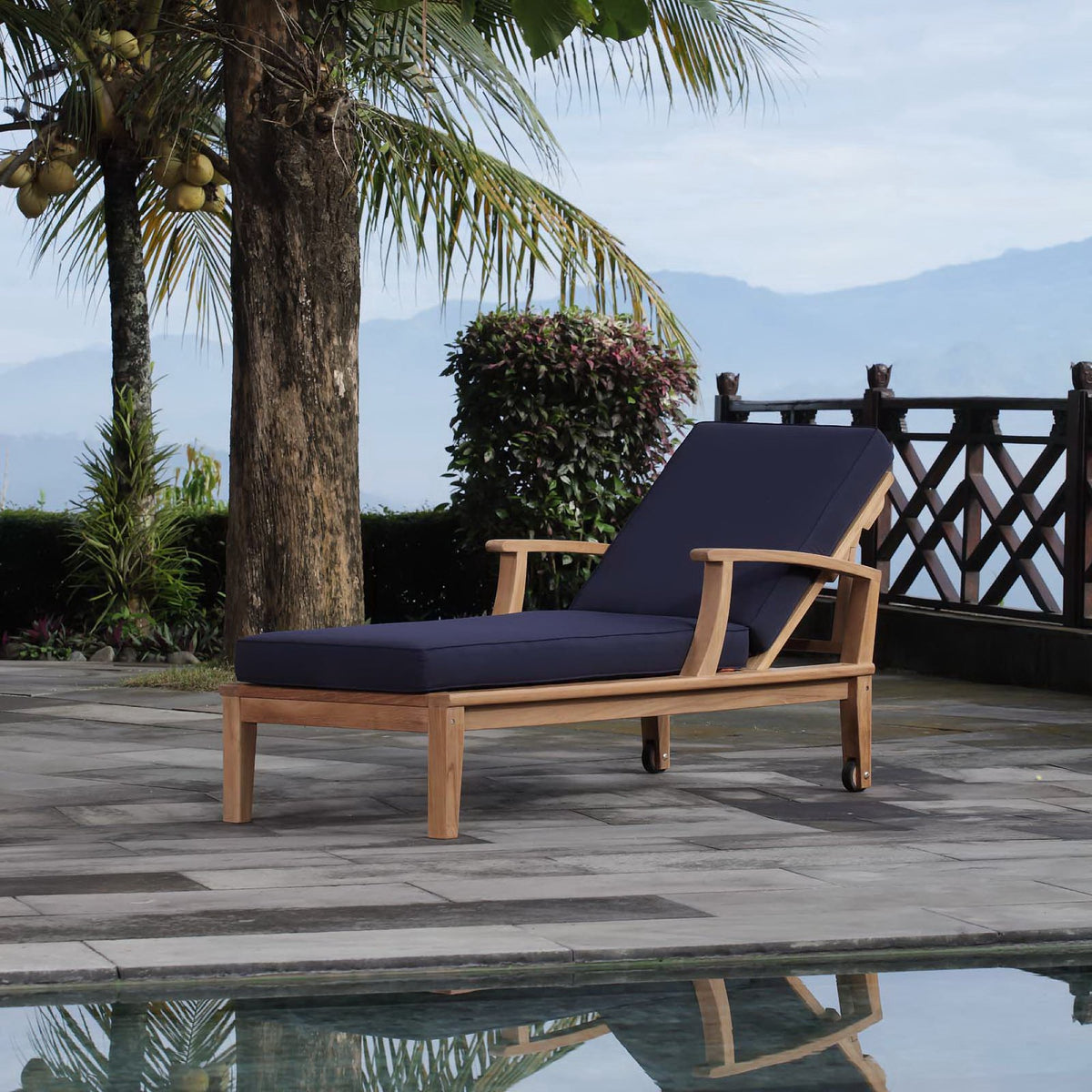 Marina Outdoor Patio Teak Single Chaise - Natural Navy