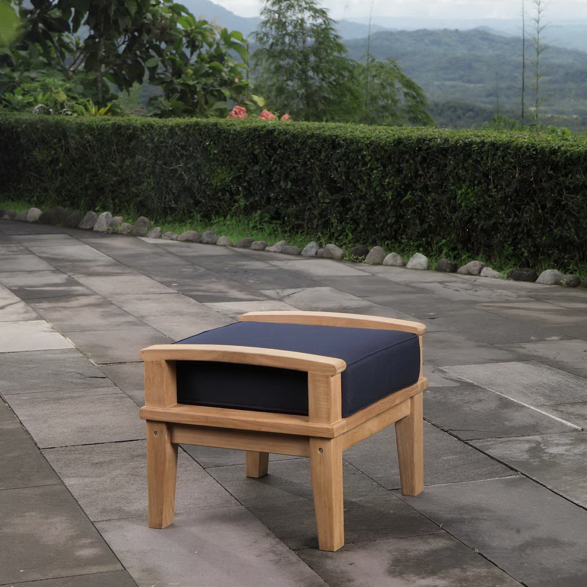 Marina Outdoor Patio Teak Ottoman - Natural Navy