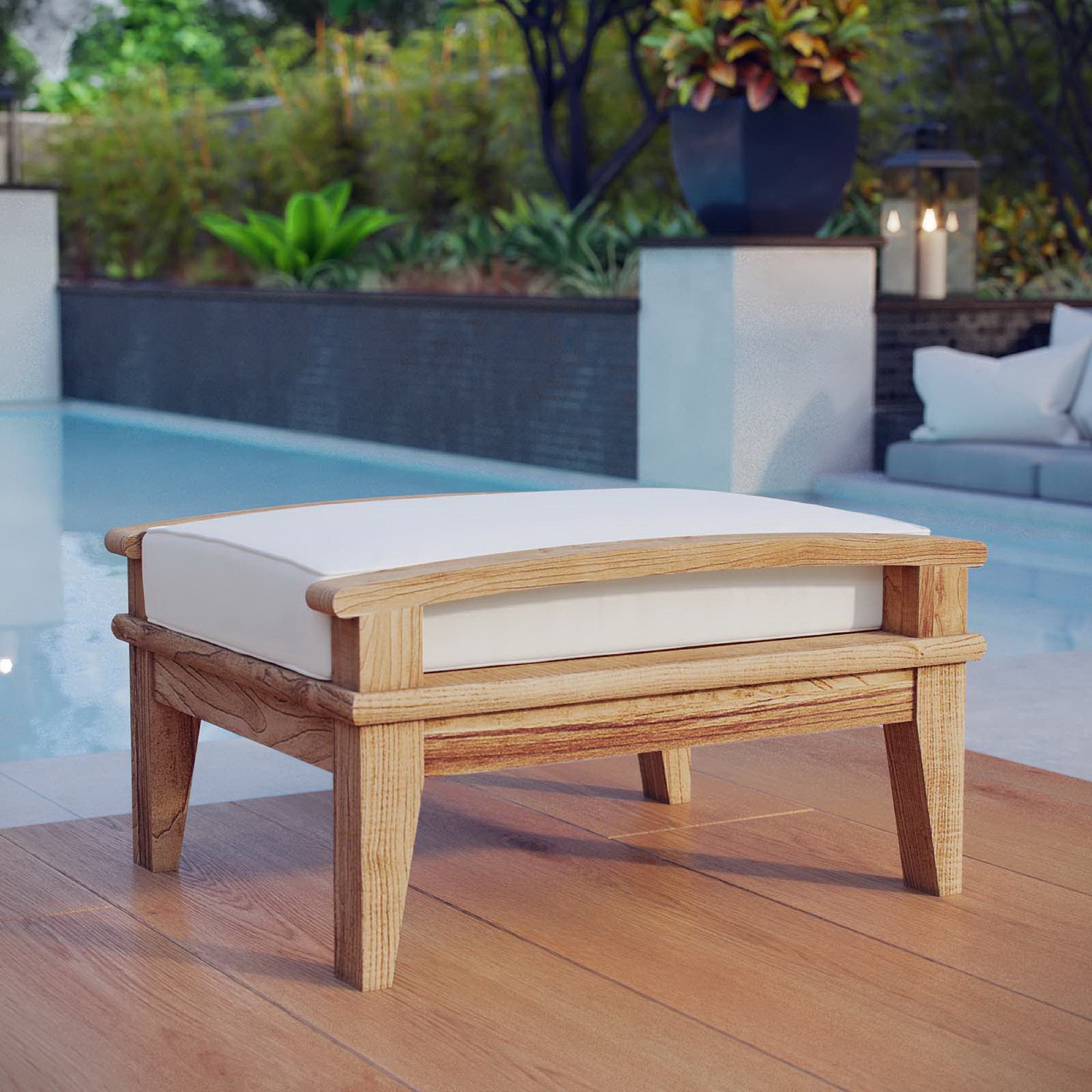 Marina Outdoor Patio Teak Ottoman - Natural White