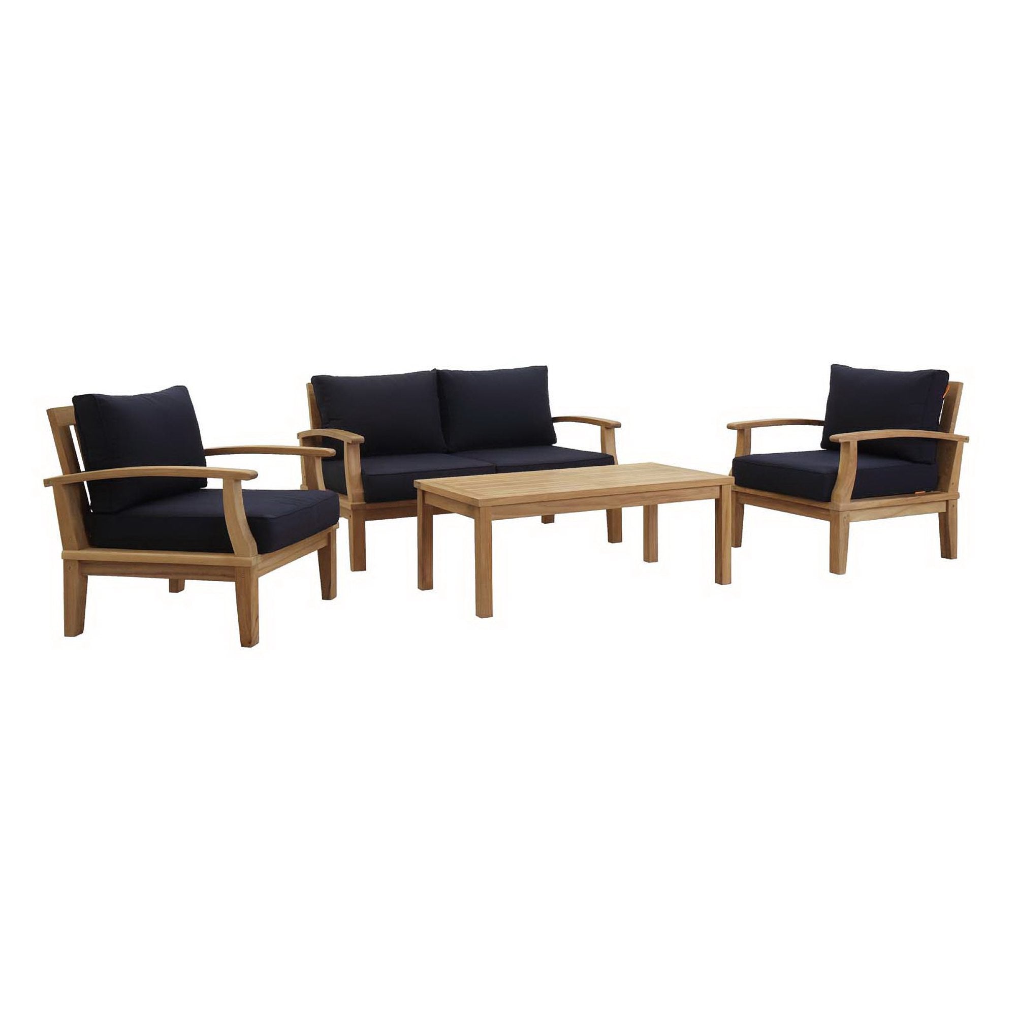 Marina 4 Piece Outdoor Patio Teak Set - Natural Navy (2 Armchairs, Coffee Table, Sofa)