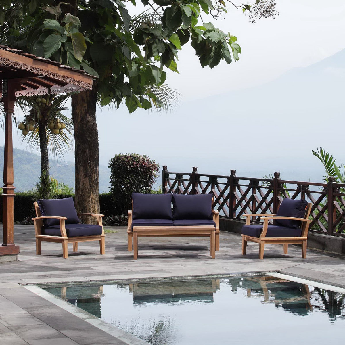 Marina 4 Piece Outdoor Patio Teak Set - Natural Navy (2 Armchairs, Coffee Table, Sofa)