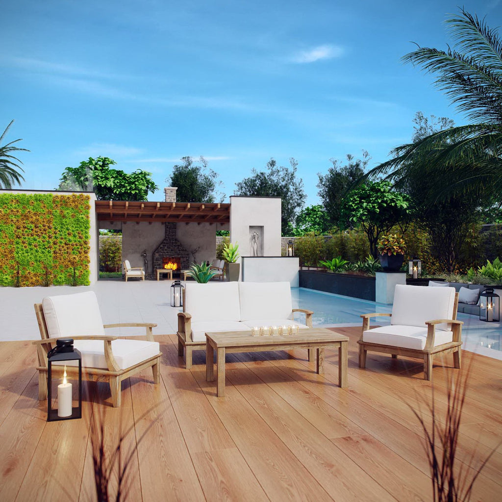 Marina 4 Piece Outdoor Patio Teak Set - Natural White (2 Armchairs, Coffee Table, Sofa)