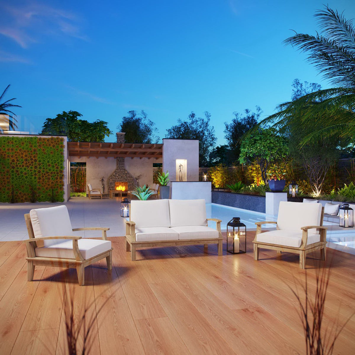 Marina 3 Piece Outdoor Patio Teak Set - Natural White (2 Armchairs, Sofa)
