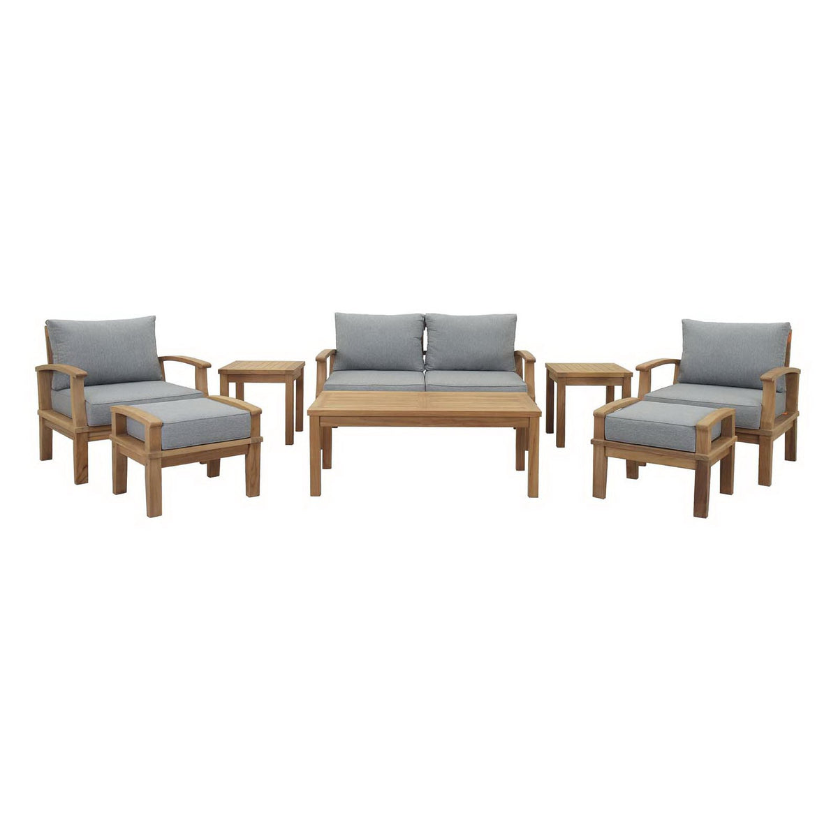 Marina 8 Piece Outdoor Patio Teak Set - Natural Gray (2 Armchairs, Coffee Table, 2 Ottomans, 2 Side Tables, Sofa)