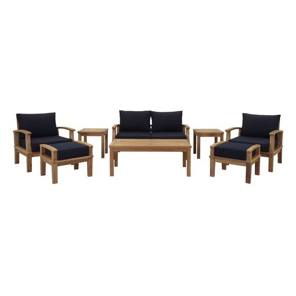 Marina 8 Piece Outdoor Patio Teak Set - Natural Navy (2 Armchairs, Coffee Table, 2 Ottomans, 2 Side Tables, Sofa)