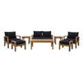 Marina 8 Piece Outdoor Patio Teak Set - Natural Navy (2 Armchairs, Coffee Table, 2 Ottomans, 2 Side Tables, Sofa)