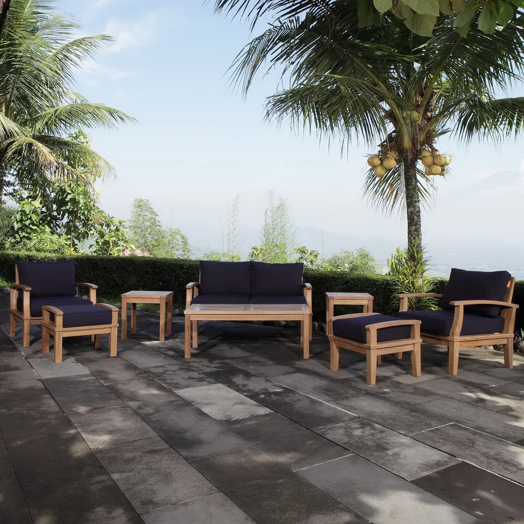 Marina 8 Piece Outdoor Patio Teak Set - Natural Navy (2 Armchairs, Coffee Table, 2 Ottomans, 2 Side Tables, Sofa)
