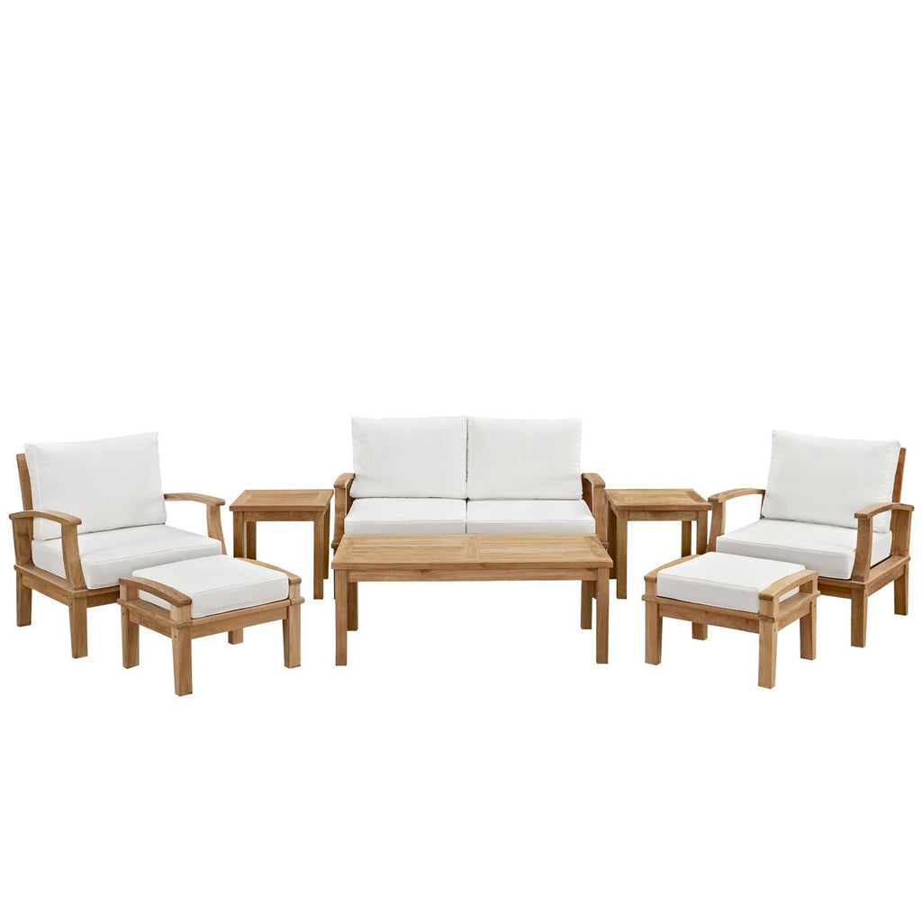 Marina 8 Piece Outdoor Patio Teak Set - Natural White (2 Armchairs, Coffee Table, 2 Ottomans, 2 Side Tables, Sofa)