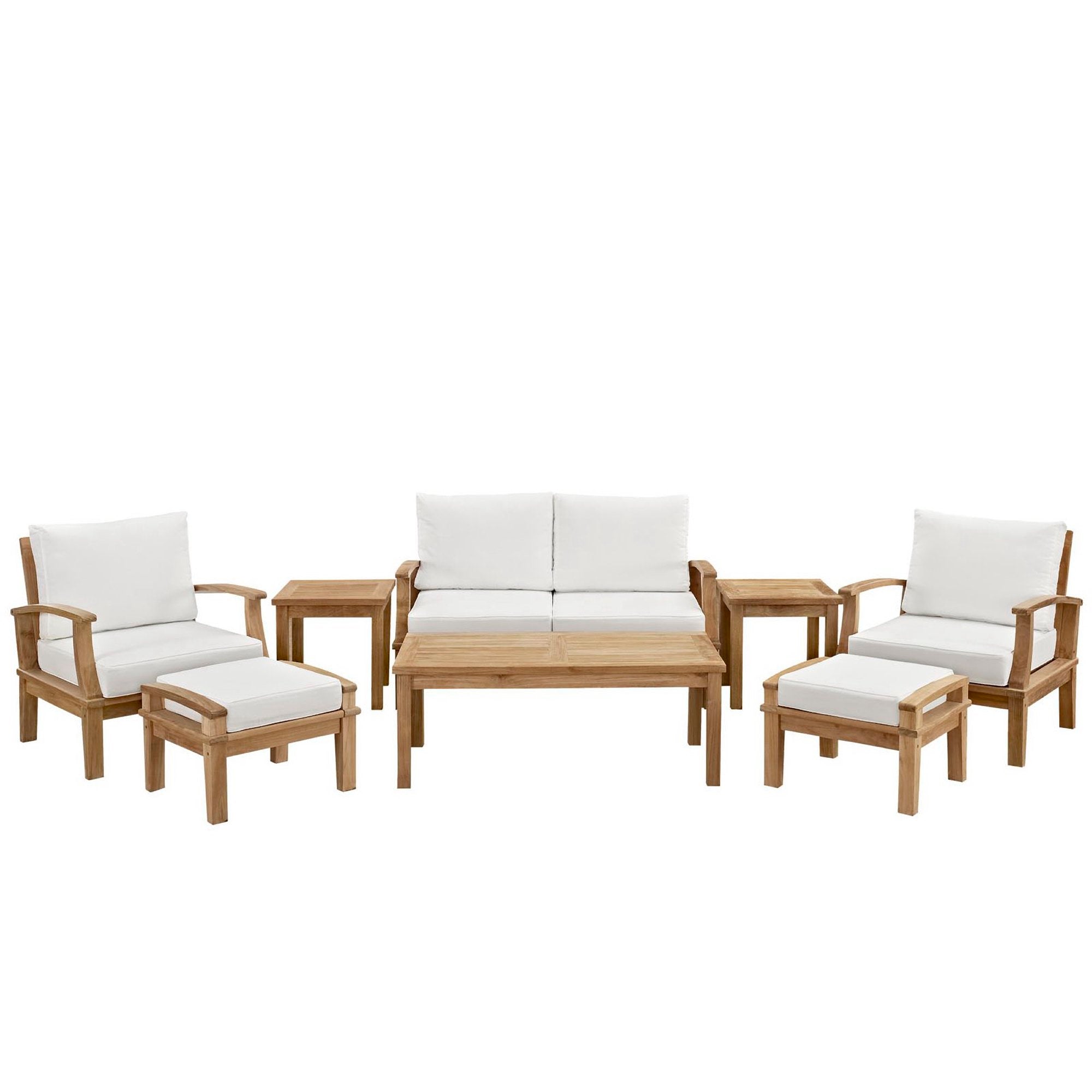 Marina 8 Piece Outdoor Patio Teak Set - Natural White (2 Armchairs, Coffee Table, 2 Ottomans, 2 Side Tables, Sofa)