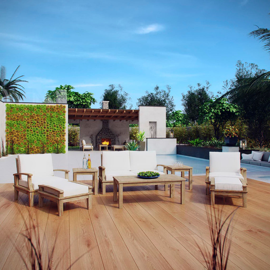 Marina 8 Piece Outdoor Patio Teak Set - Natural White (2 Armchairs, Coffee Table, 2 Ottomans, 2 Side Tables, Sofa)