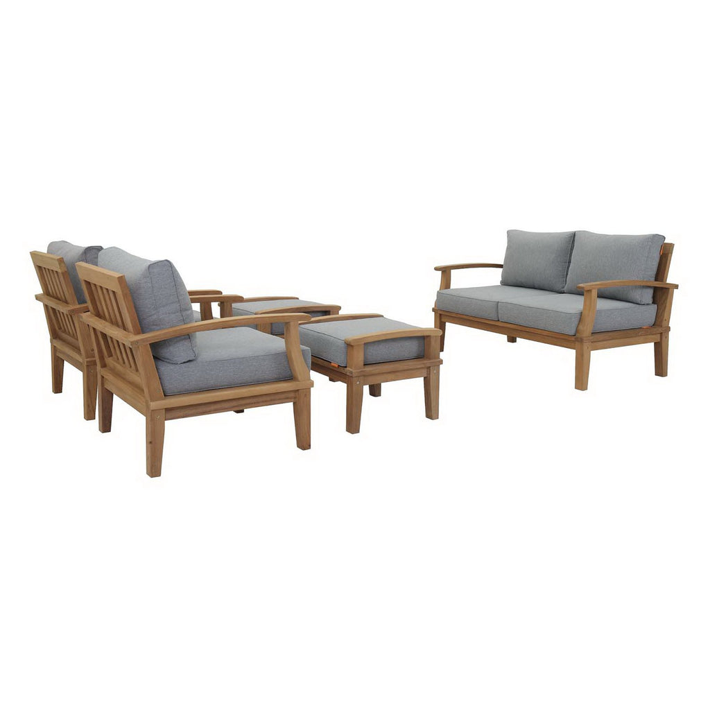 Marina 5 Piece Outdoor Patio Teak Set - Natural Gray (2 Armchairs, 2 Ottomans, Sofa)