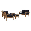 Marina 5 Piece Outdoor Patio Teak Set - Natural Navy (2 Armchairs, 2 Ottomans, Sofa)