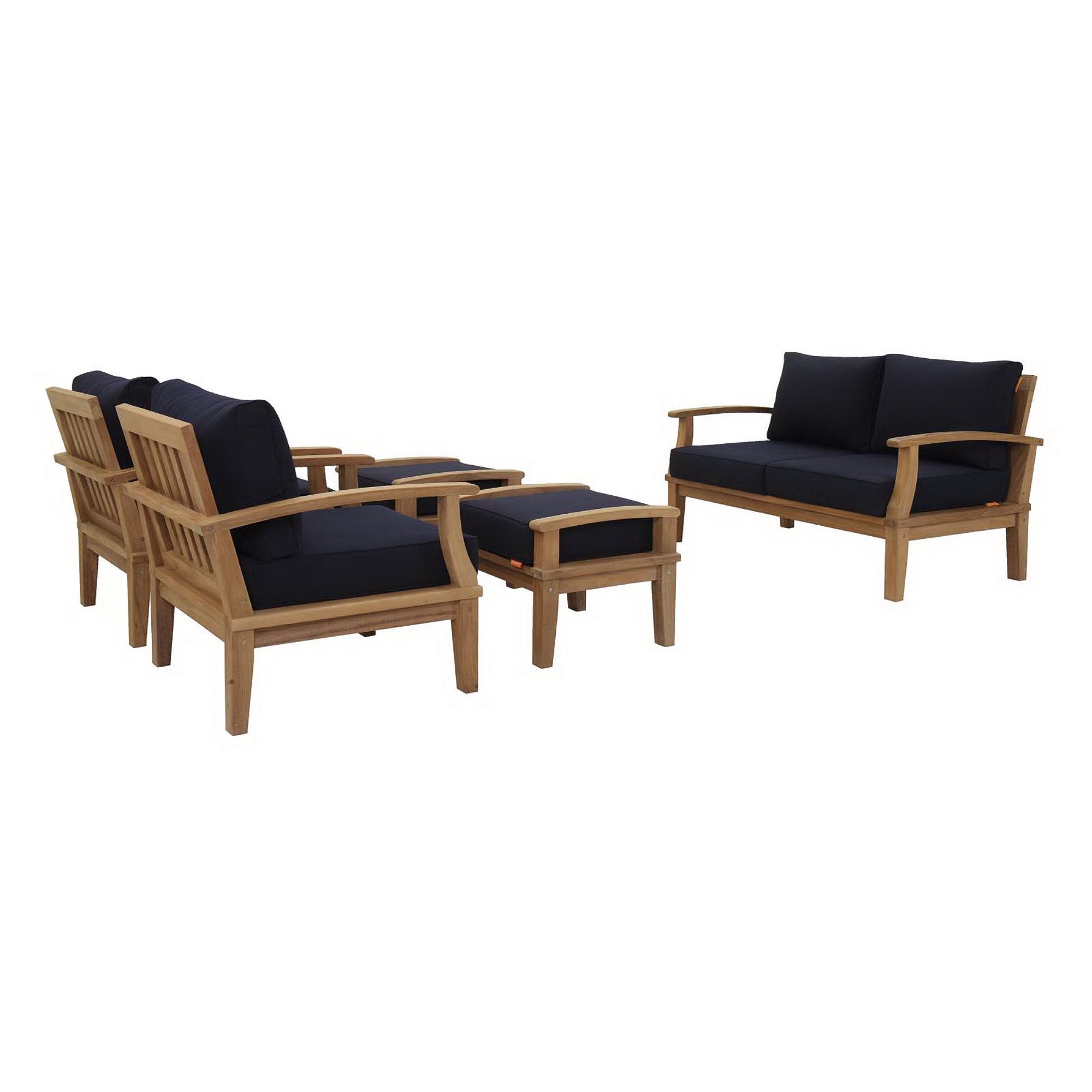Marina 5 Piece Outdoor Patio Teak Set - Natural Navy (2 Armchairs, 2 Ottomans, Sofa)