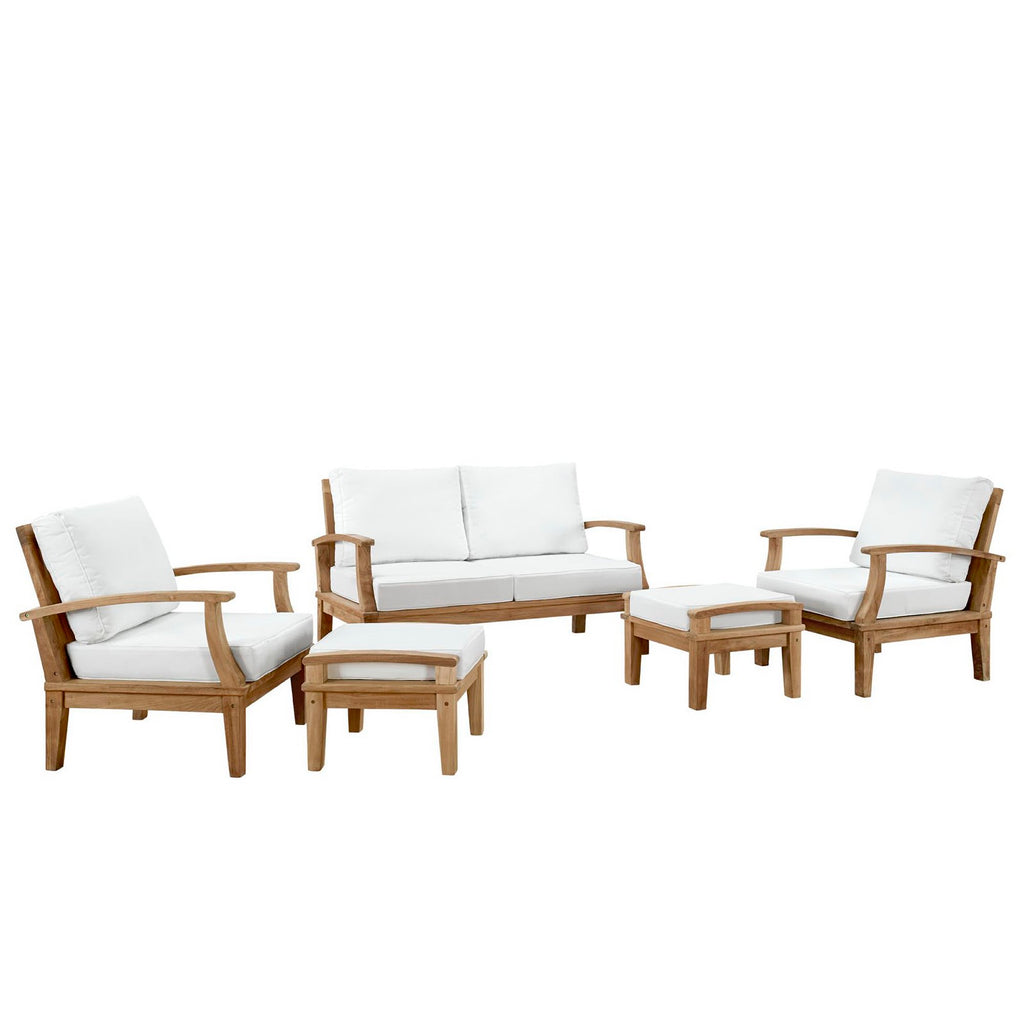 Marina 5 Piece Outdoor Patio Teak Set - Natural White (2 Armchairs, 2 Ottomans, Sofa)