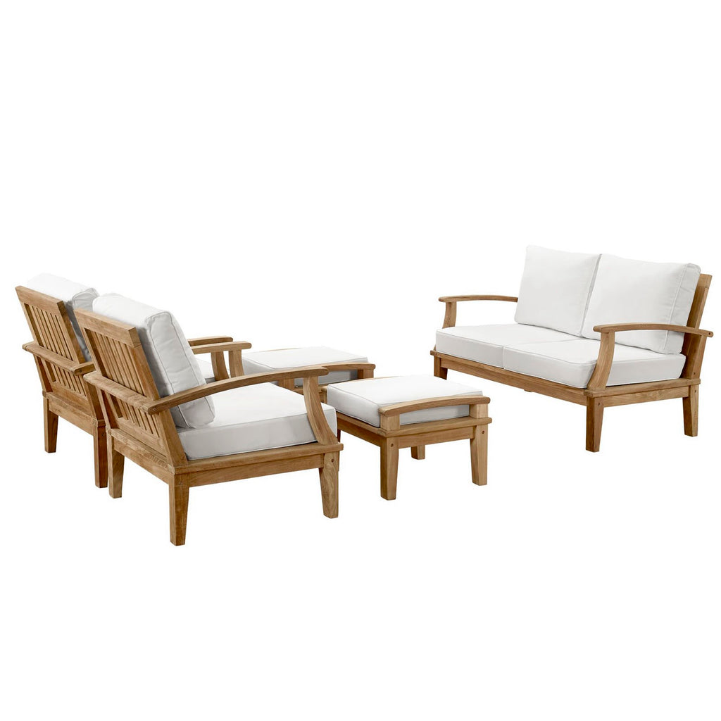 Marina 5 Piece Outdoor Patio Teak Set - Natural White (2 Armchairs, 2 Ottomans, Sofa)