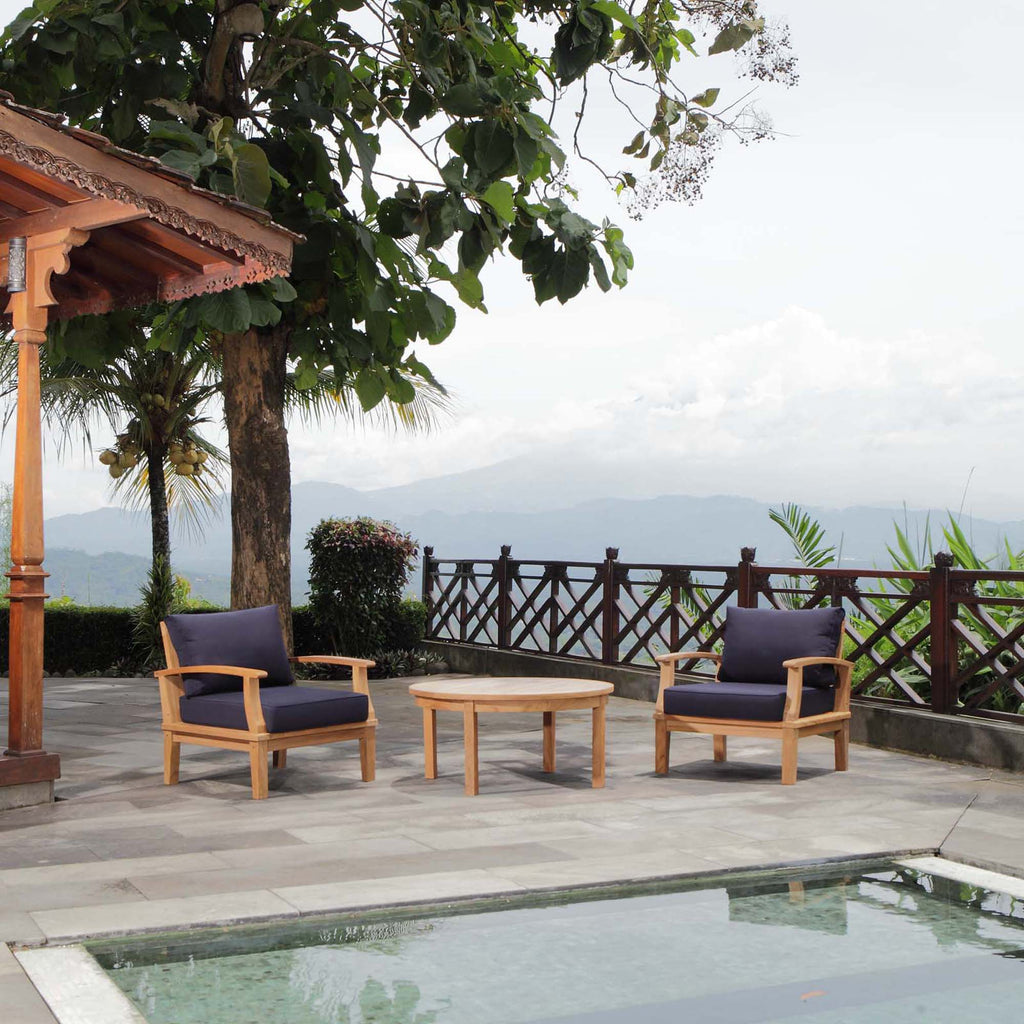 Marina 3 Piece Outdoor Patio Teak Set - Natural Navy (2 Armchairs, Coffee Table)