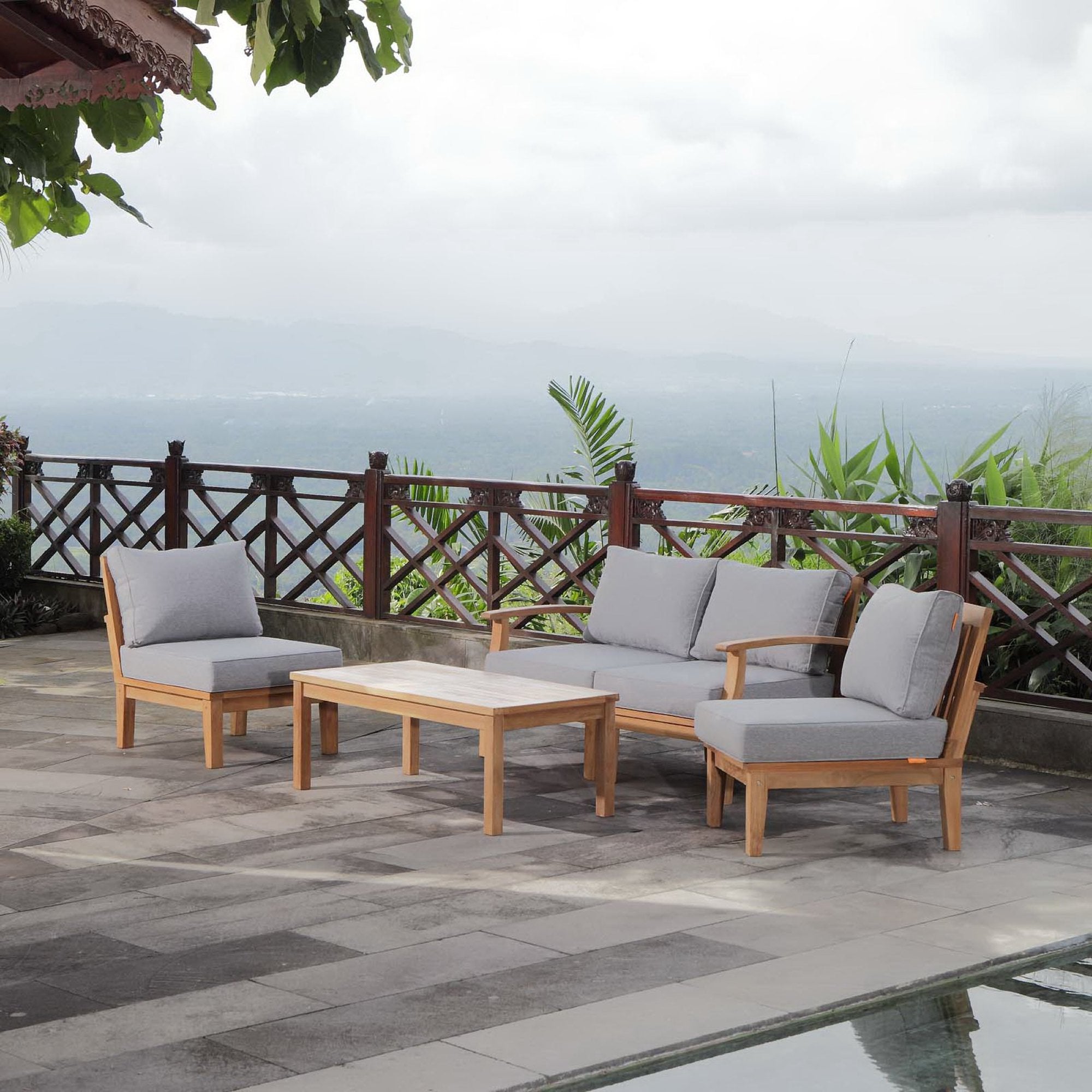 Marina 5 Piece Outdoor Patio Teak Set - Natural Gray (Left-Arm Sofa, 2 Sofas, Coffee Table, Right-Arm Sofa)