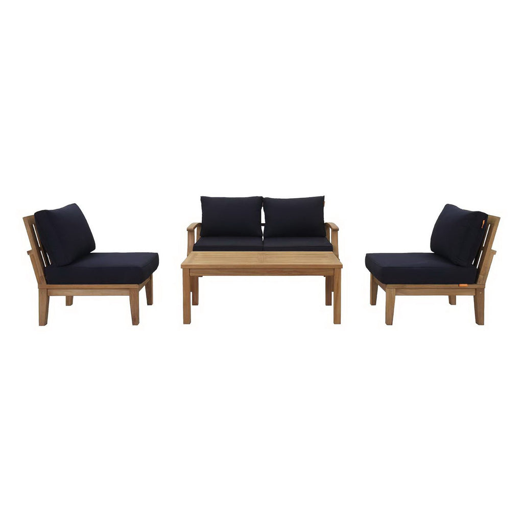 Marina 5 Piece Outdoor Patio Teak Set - Natural Navy (Left-Arm Sofa, 2 Sofas, Coffee Table, Right-Arm Sofa)
