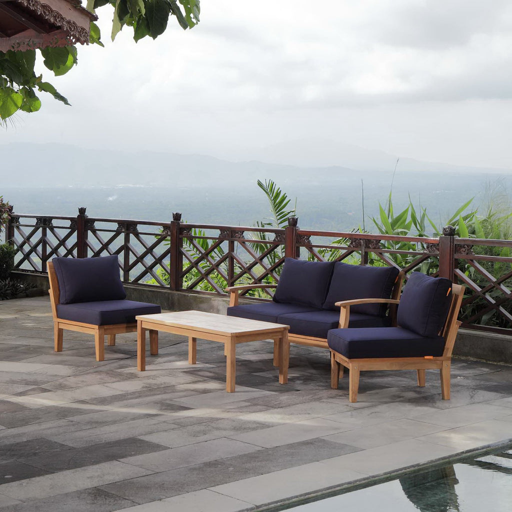 Marina 5 Piece Outdoor Patio Teak Set - Natural Navy (Left-Arm Sofa, 2 Sofas, Coffee Table, Right-Arm Sofa)
