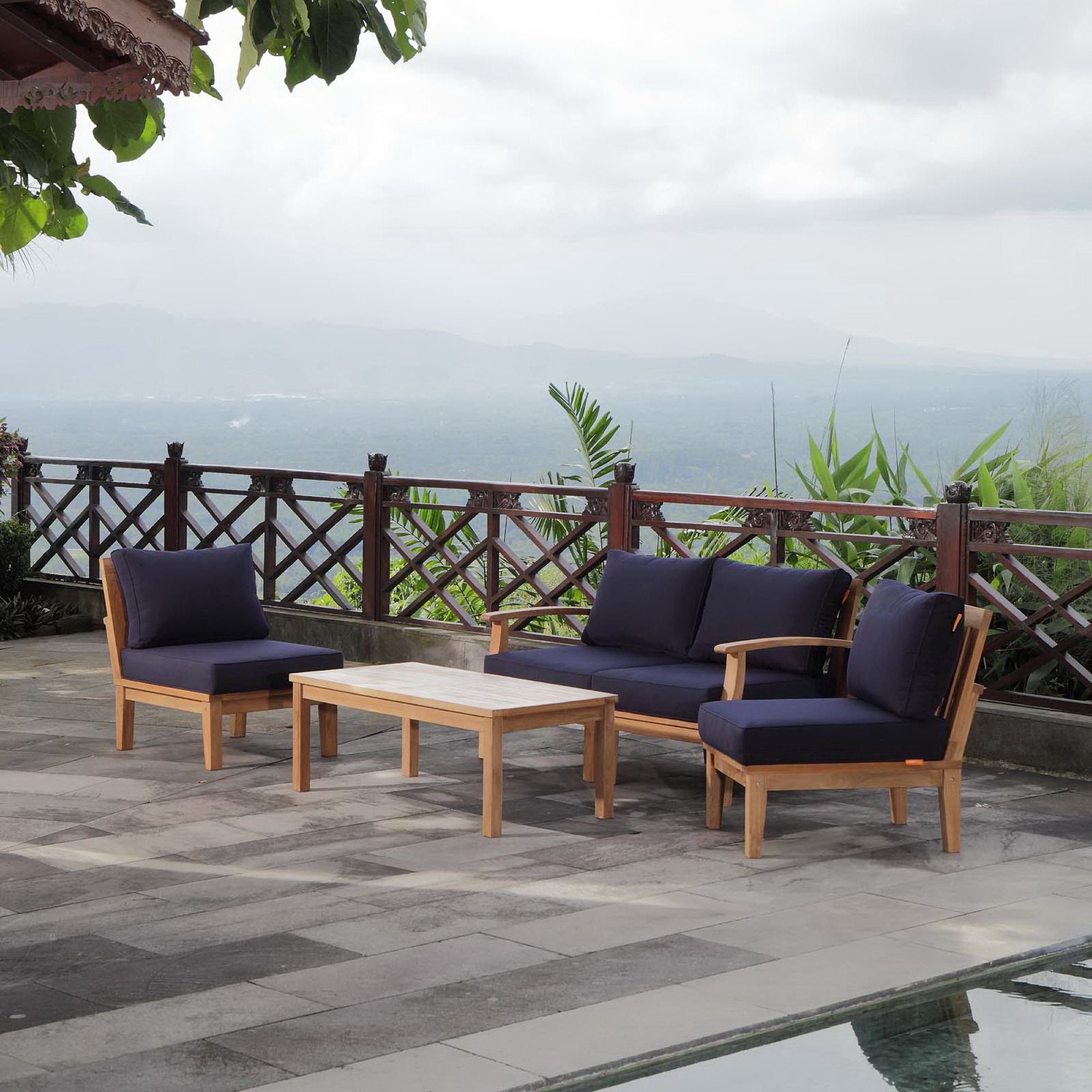 Marina 5 Piece Outdoor Patio Teak Set - Natural Navy (Left-Arm Sofa, 2 Sofas, Coffee Table, Right-Arm Sofa)