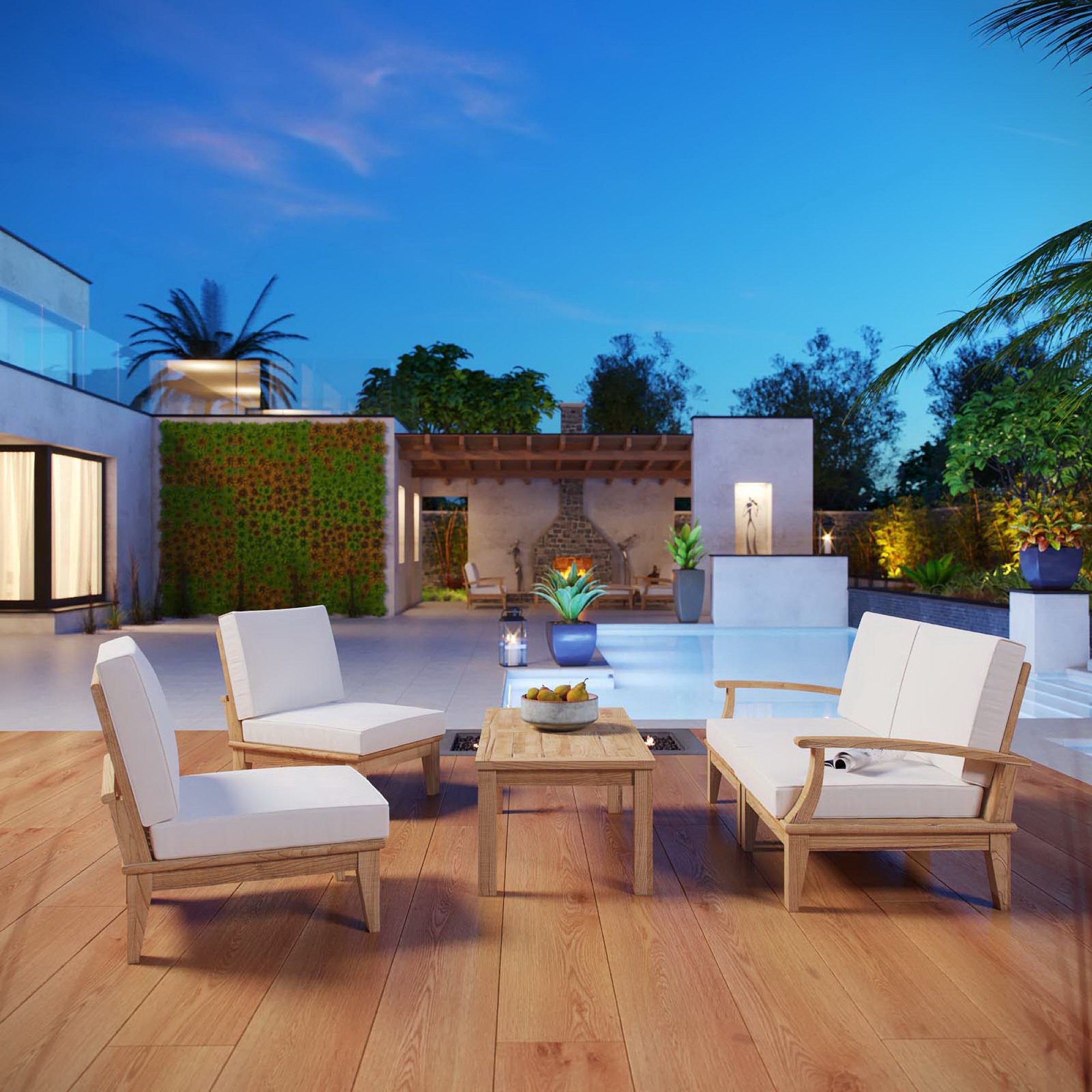 Marina 5 Piece Outdoor Patio Teak Set - Natural White (Left-Arm Sofa, 2 Sofas, Coffee Table, Right-Arm Sofa)