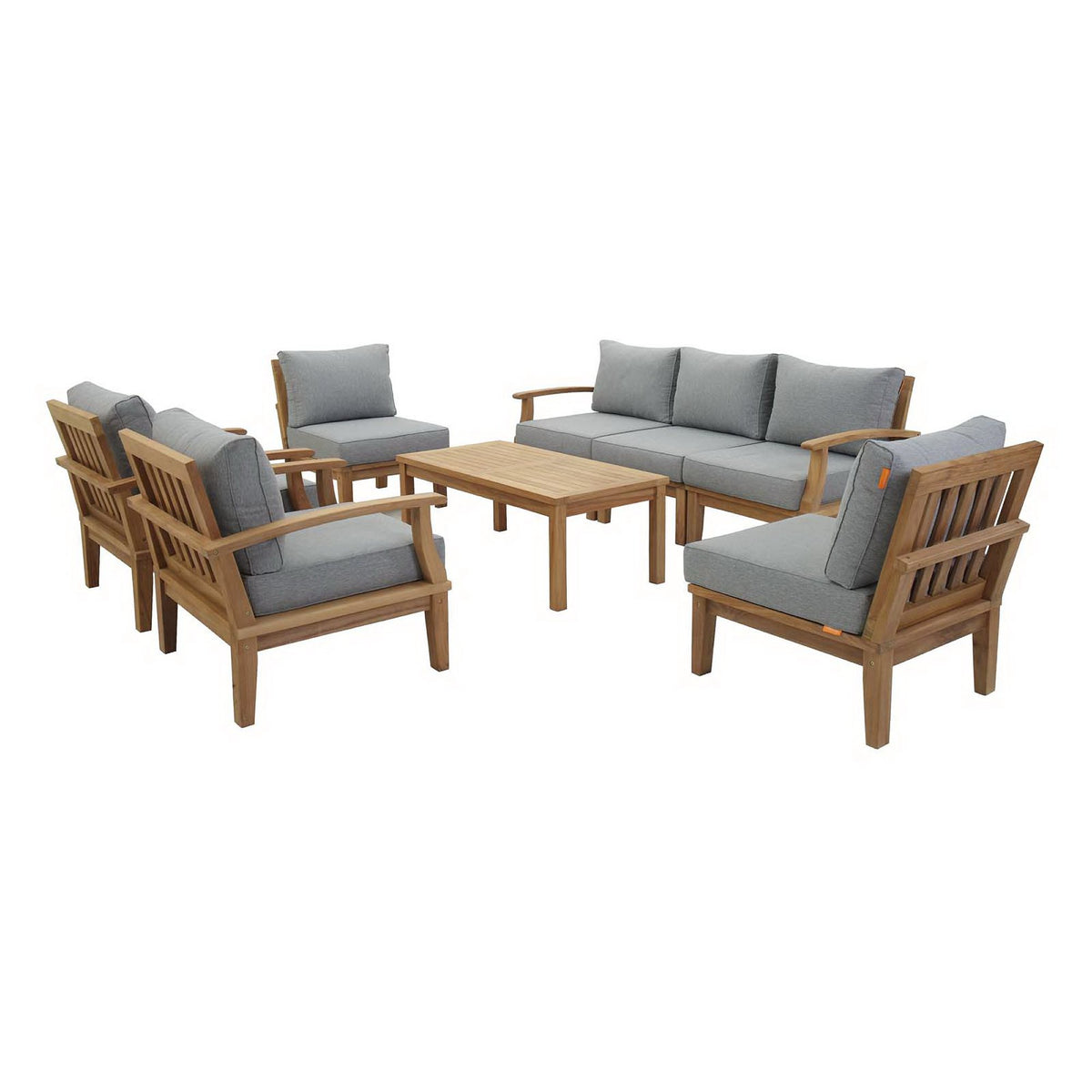 Marina 8 Piece Outdoor Patio Teak Set - Natural Gray (2 Armchairs, Left-Arm Sofa, 3 Sofas, Coffee Table, Right-Arm Sofa)