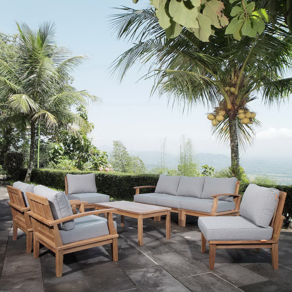 Marina 8 Piece Outdoor Patio Teak Set - Natural Gray (2 Armchairs, Left-Arm Sofa, 3 Sofas, Coffee Table, Right-Arm Sofa)