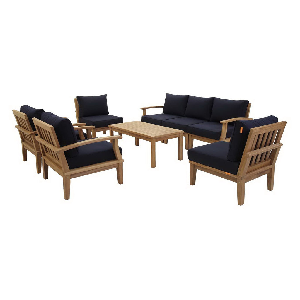 Marina 8 Piece Outdoor Patio Teak Set - Natural Navy (2 Armchairs, Left-Arm Sofa, 3 Sofas, Coffee Table, Right-Arm Sofa)