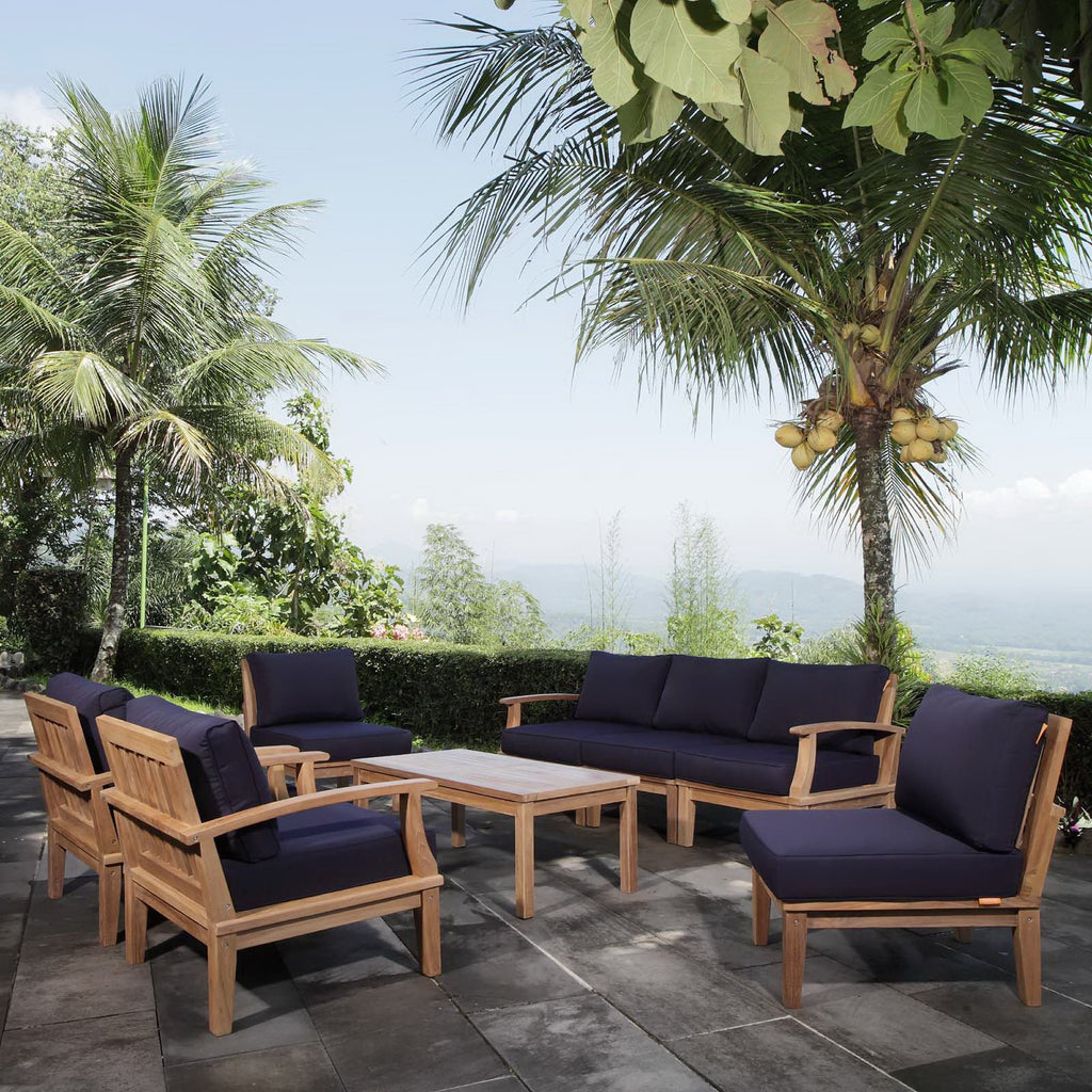 Marina 8 Piece Outdoor Patio Teak Set - Natural Navy (2 Armchairs, Left-Arm Sofa, 3 Sofas, Coffee Table, Right-Arm Sofa)