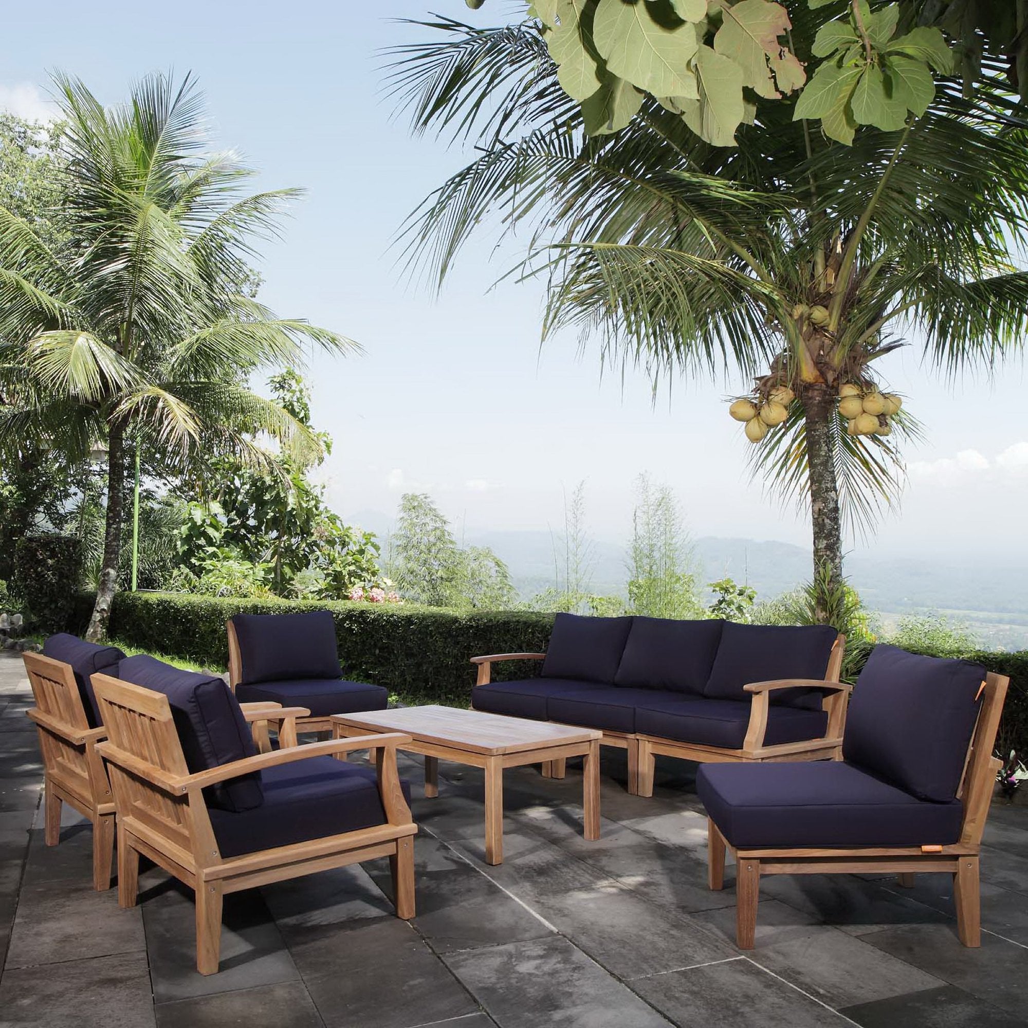Marina 8 Piece Outdoor Patio Teak Set - Natural Navy (2 Armchairs, Left-Arm Sofa, 3 Sofas, Coffee Table, Right-Arm Sofa)