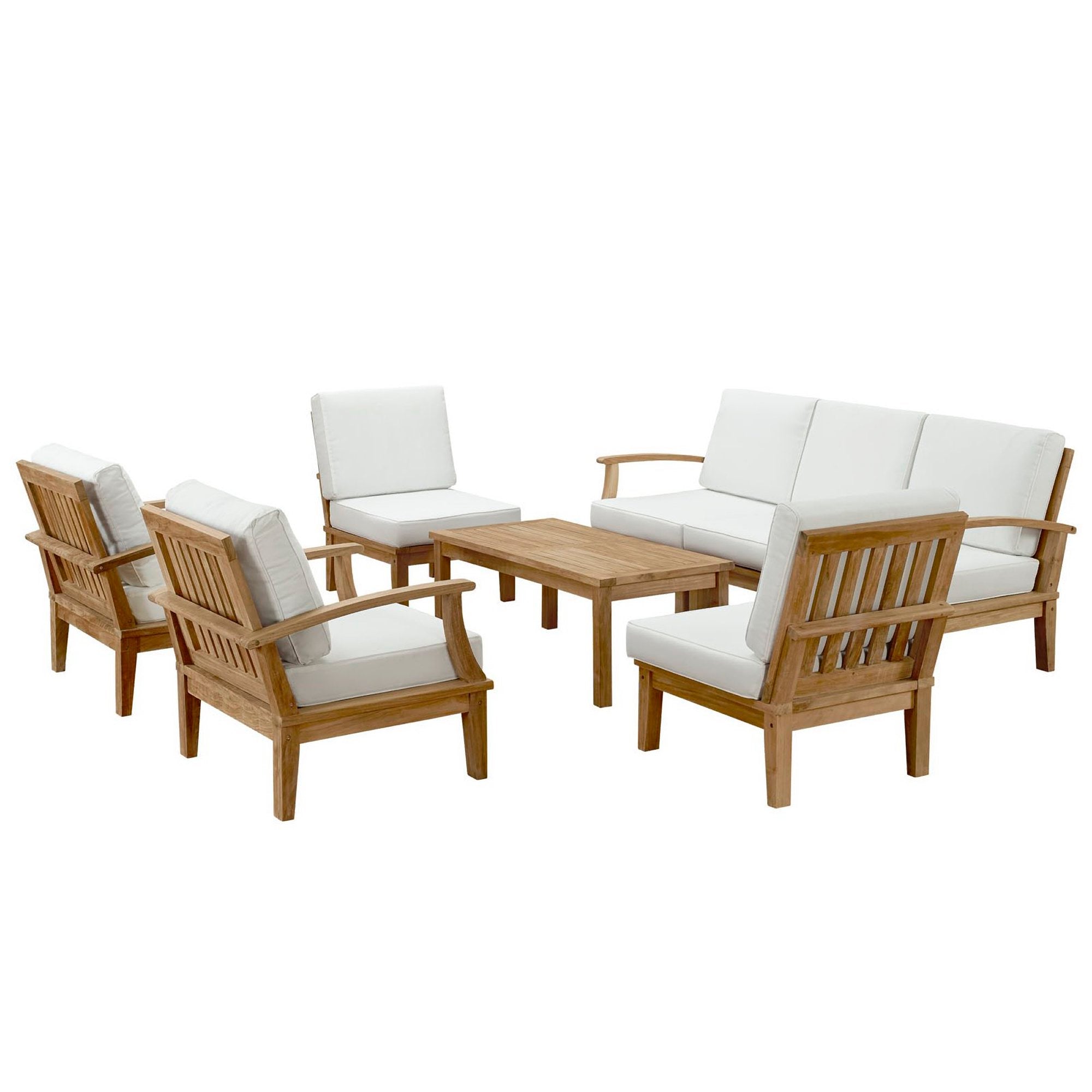 Marina 8 Piece Outdoor Patio Teak Set - Natural White (2 Armchairs, Left-Arm Sofa, 3 Sofas, Coffee Table, Right-Arm Sofa)