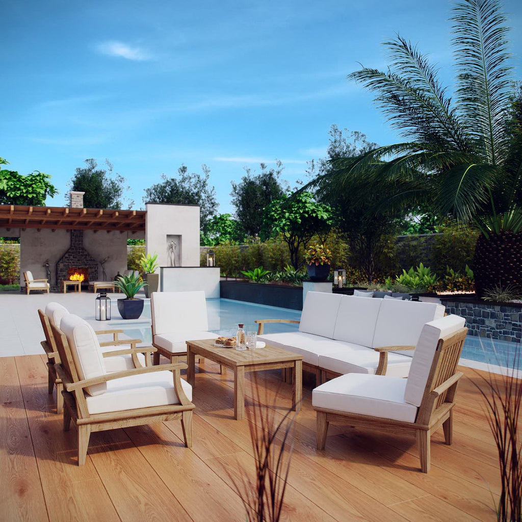 Marina 8 Piece Outdoor Patio Teak Set - Natural White (2 Armchairs, Left-Arm Sofa, 3 Sofas, Coffee Table, Right-Arm Sofa)