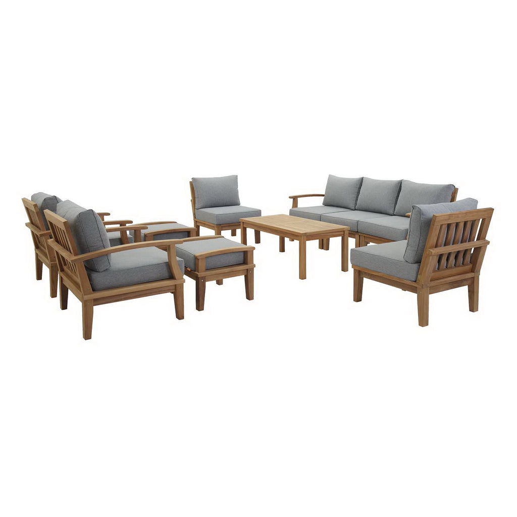 Marina 10 Piece Outdoor Patio Teak Set - Natural Gray (2 Armchairs, Left-Arm Sofa, 3 Sofas, 2 Ottomans, Coffee Table, Right-Arm Sofa)