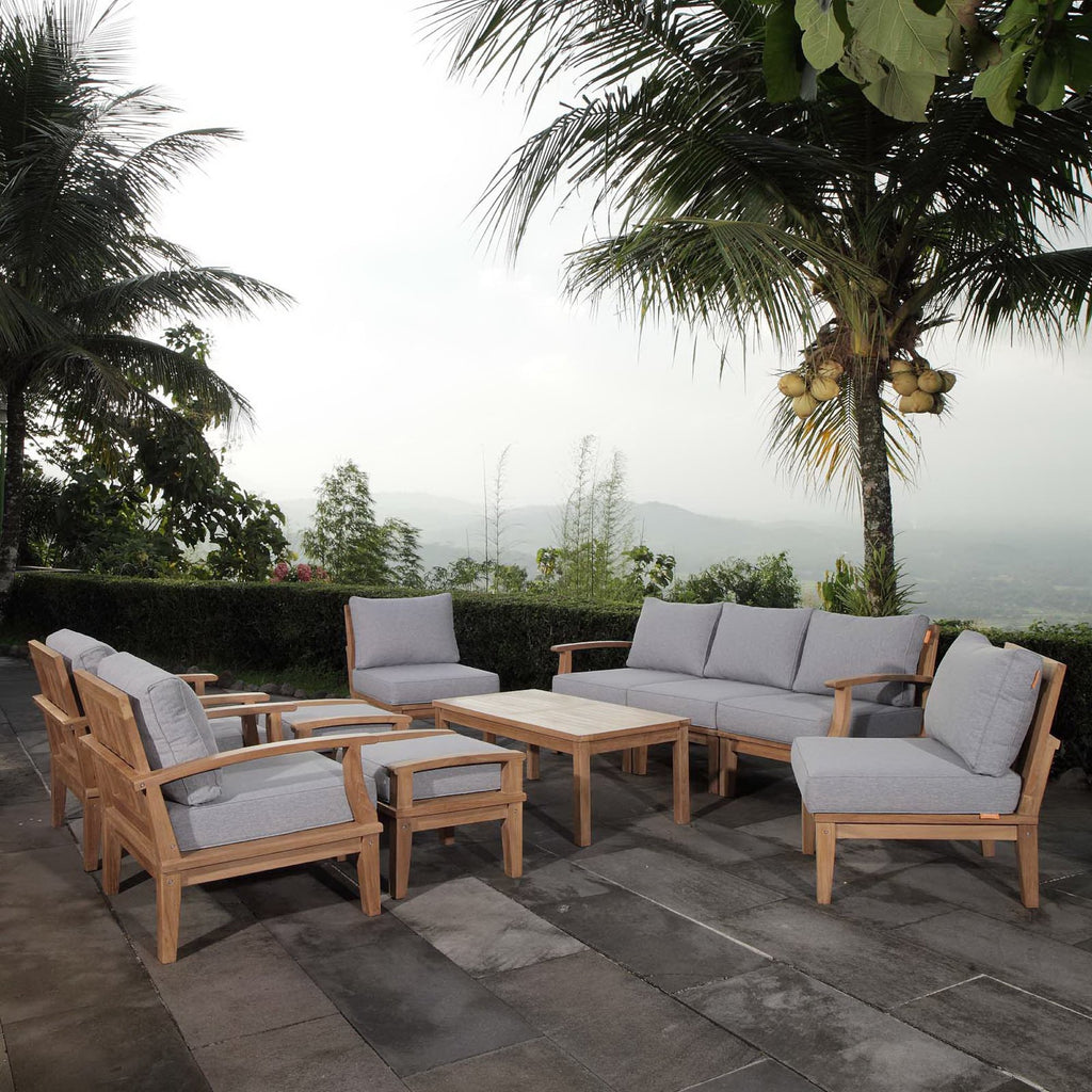 Marina 10 Piece Outdoor Patio Teak Set - Natural Gray (2 Armchairs, Left-Arm Sofa, 3 Sofas, 2 Ottomans, Coffee Table, Right-Arm Sofa)