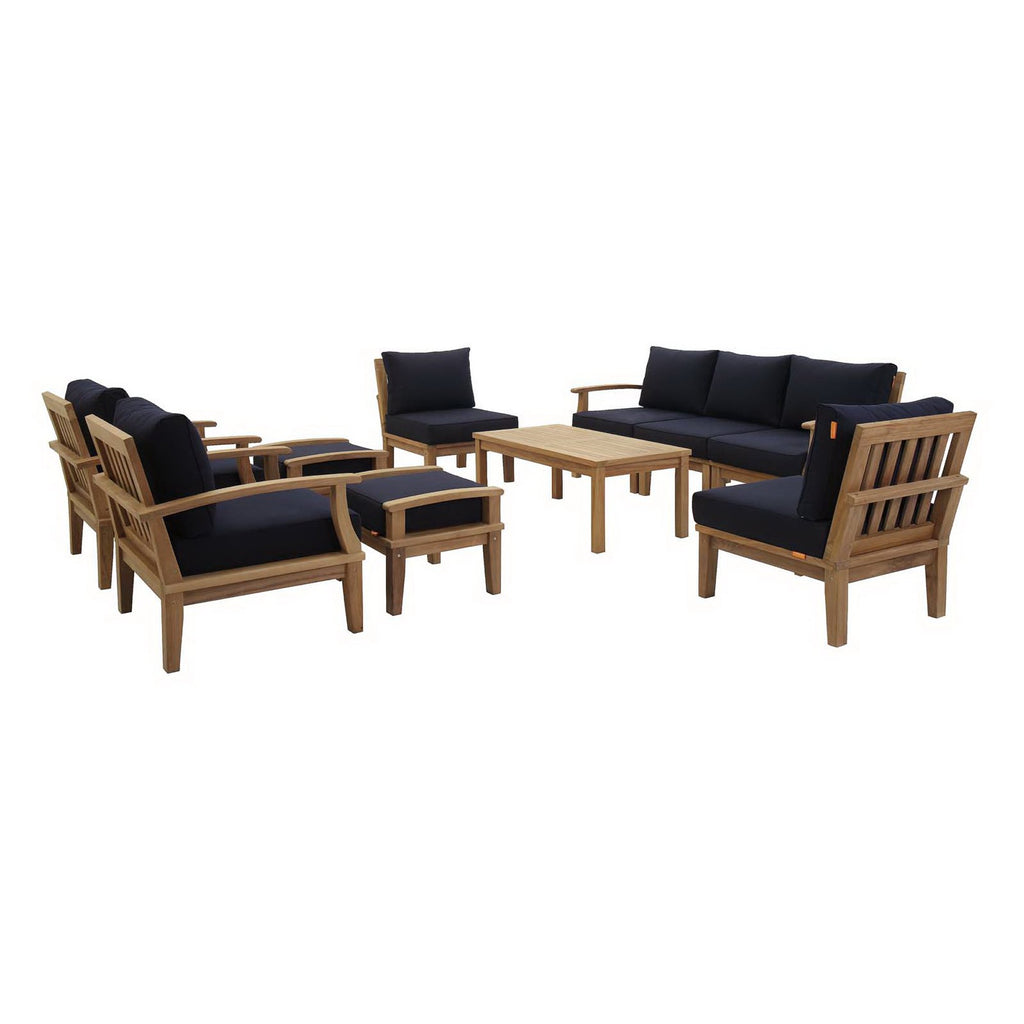 Marina 10 Piece Outdoor Patio Teak Set - Natural Navy (2 Armchairs, Left-Arm Sofa, 3 Sofas, 2 Ottomans, Coffee Table, Right-Arm Sofa)