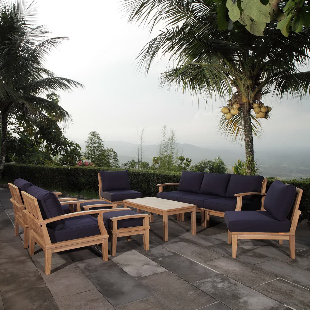 Marina 10 Piece Outdoor Patio Teak Set - Natural Navy (2 Armchairs, Left-Arm Sofa, 3 Sofas, 2 Ottomans, Coffee Table, Right-Arm Sofa)