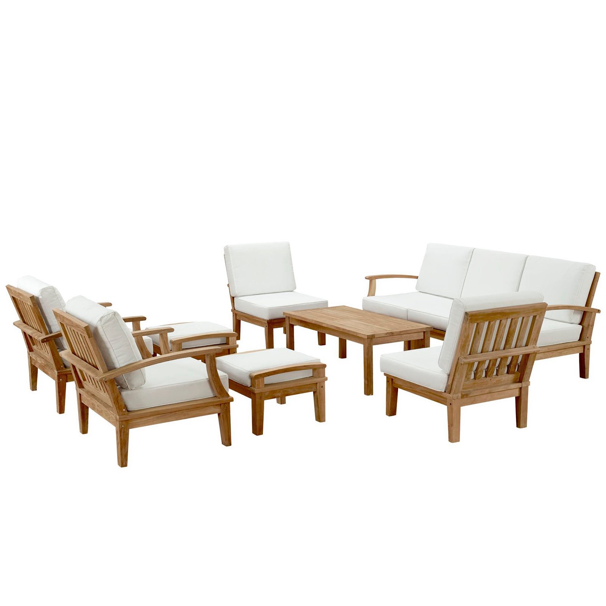 Marina 10 Piece Outdoor Patio Teak Set - Natural White (2 Armchairs, Left-Arm Sofa, 3 Sofas, 2 Ottomans, Coffee Table, Right-Arm Sofa)