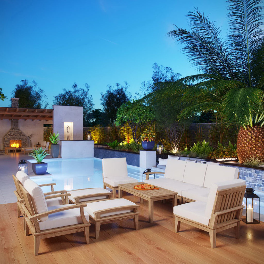 Marina 10 Piece Outdoor Patio Teak Set - Natural White (2 Armchairs, Left-Arm Sofa, 3 Sofas, 2 Ottomans, Coffee Table, Right-Arm Sofa)
