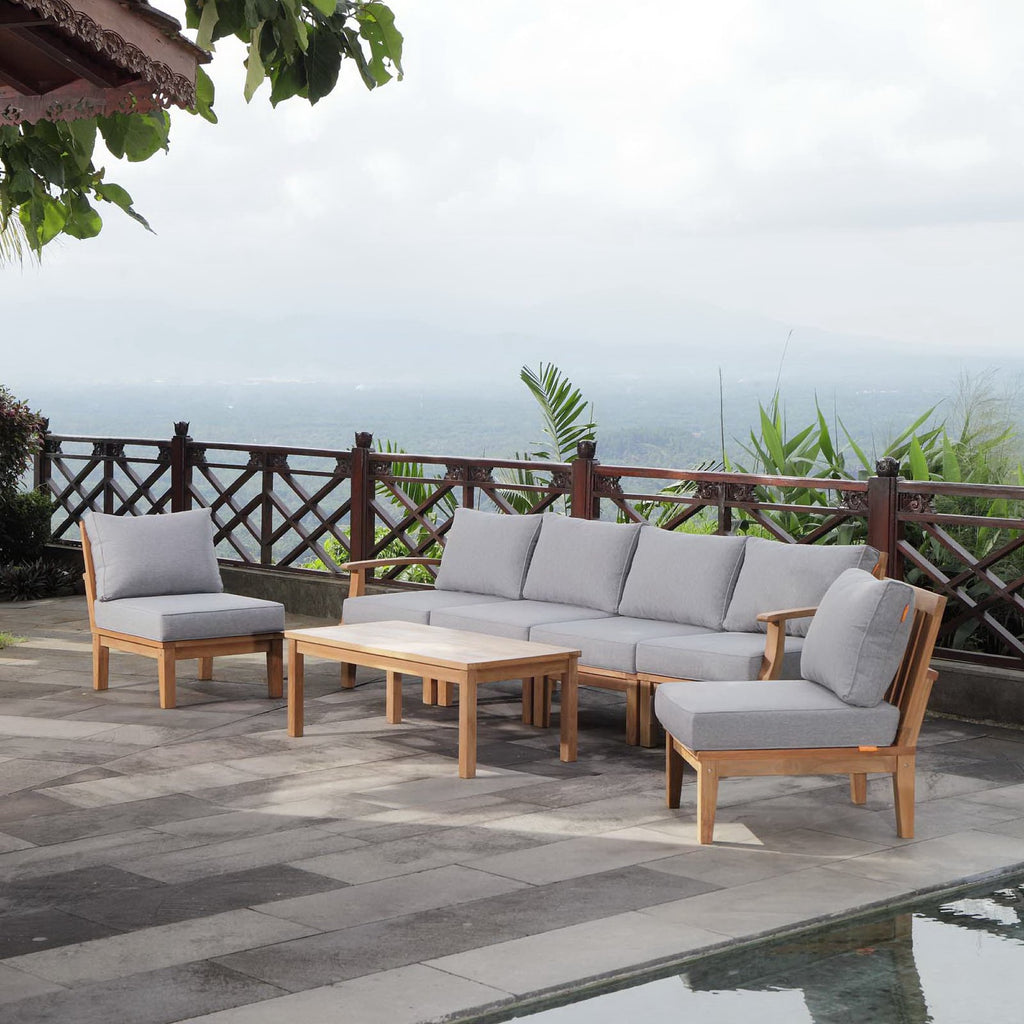 Marina 7 Piece Outdoor Patio Teak Set - Natural Gray (Left-Arm Sofa, 4 Sofas, Coffee Table, Right-Arm Sofa)