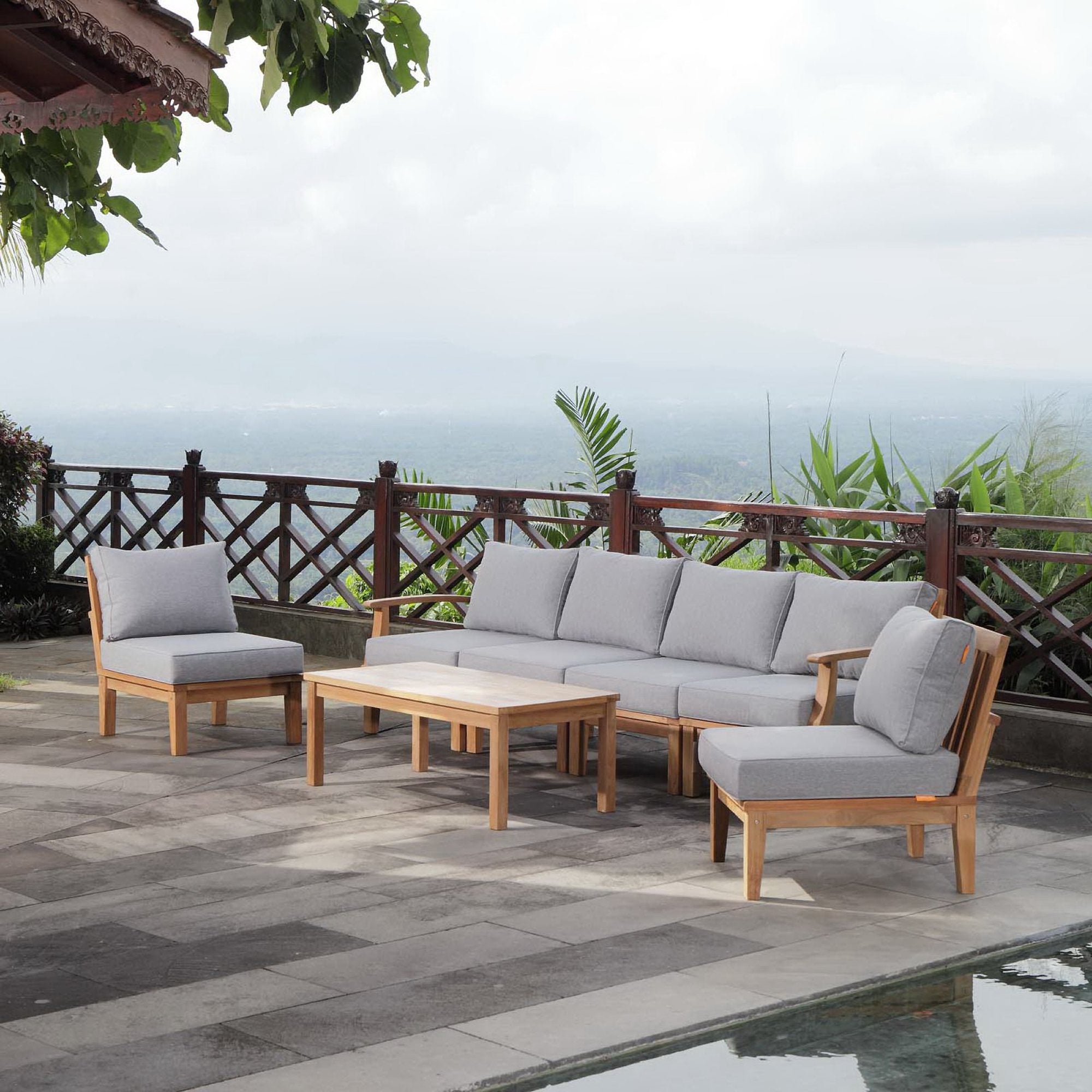 Marina 7 Piece Outdoor Patio Teak Set - Natural Gray (Left-Arm Sofa, 4 Sofas, Coffee Table, Right-Arm Sofa)