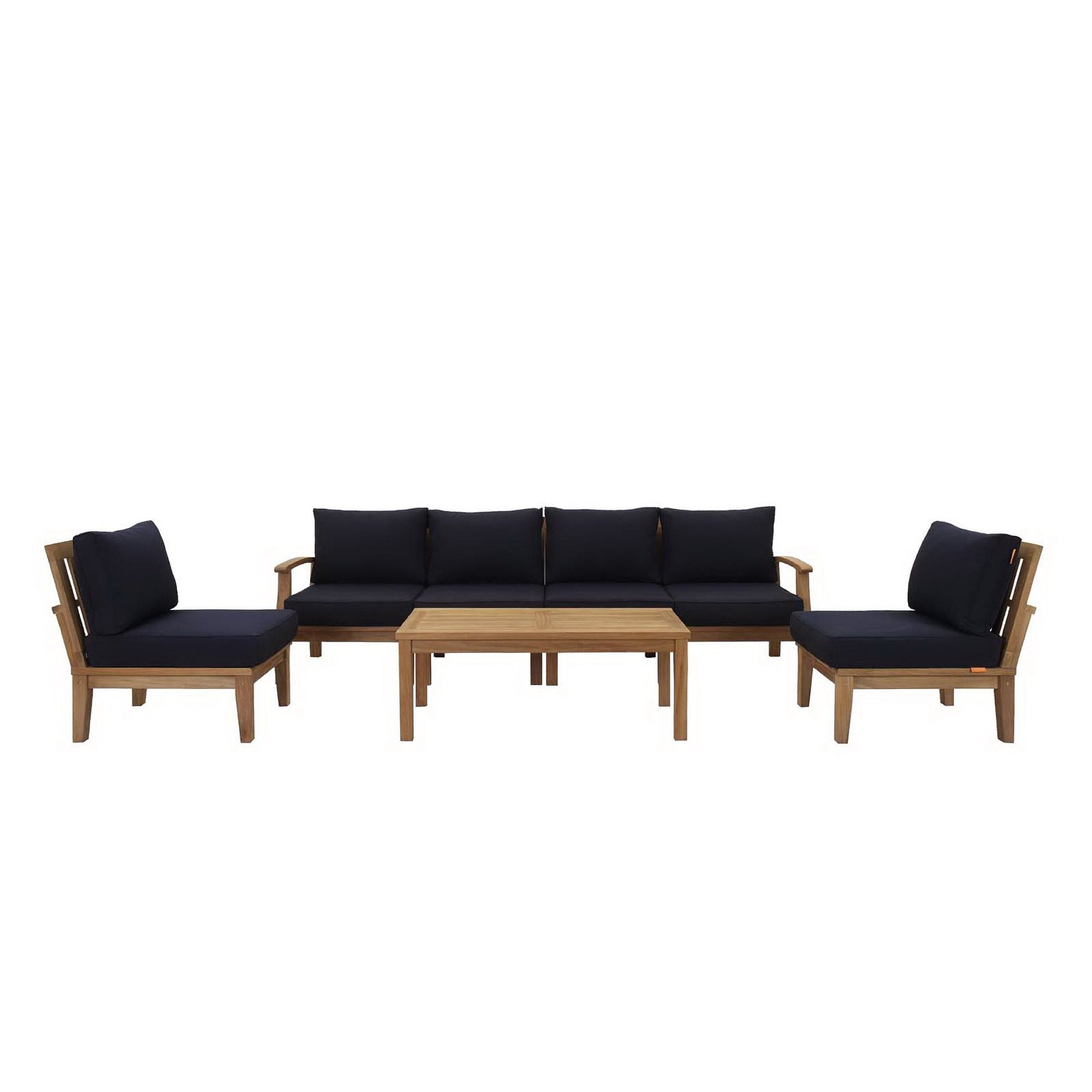 Marina 7 Piece Outdoor Patio Teak Set - Natural Navy (Left-Arm Sofa, 4 Sofas, Coffee Table, Right-Arm Sofa)