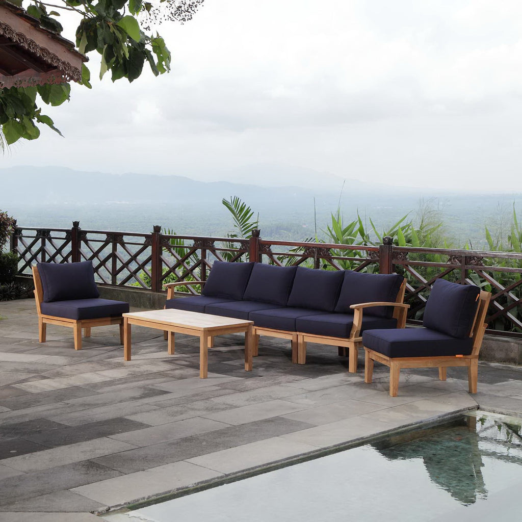 Marina 7 Piece Outdoor Patio Teak Set - Natural Navy (Left-Arm Sofa, 4 Sofas, Coffee Table, Right-Arm Sofa)