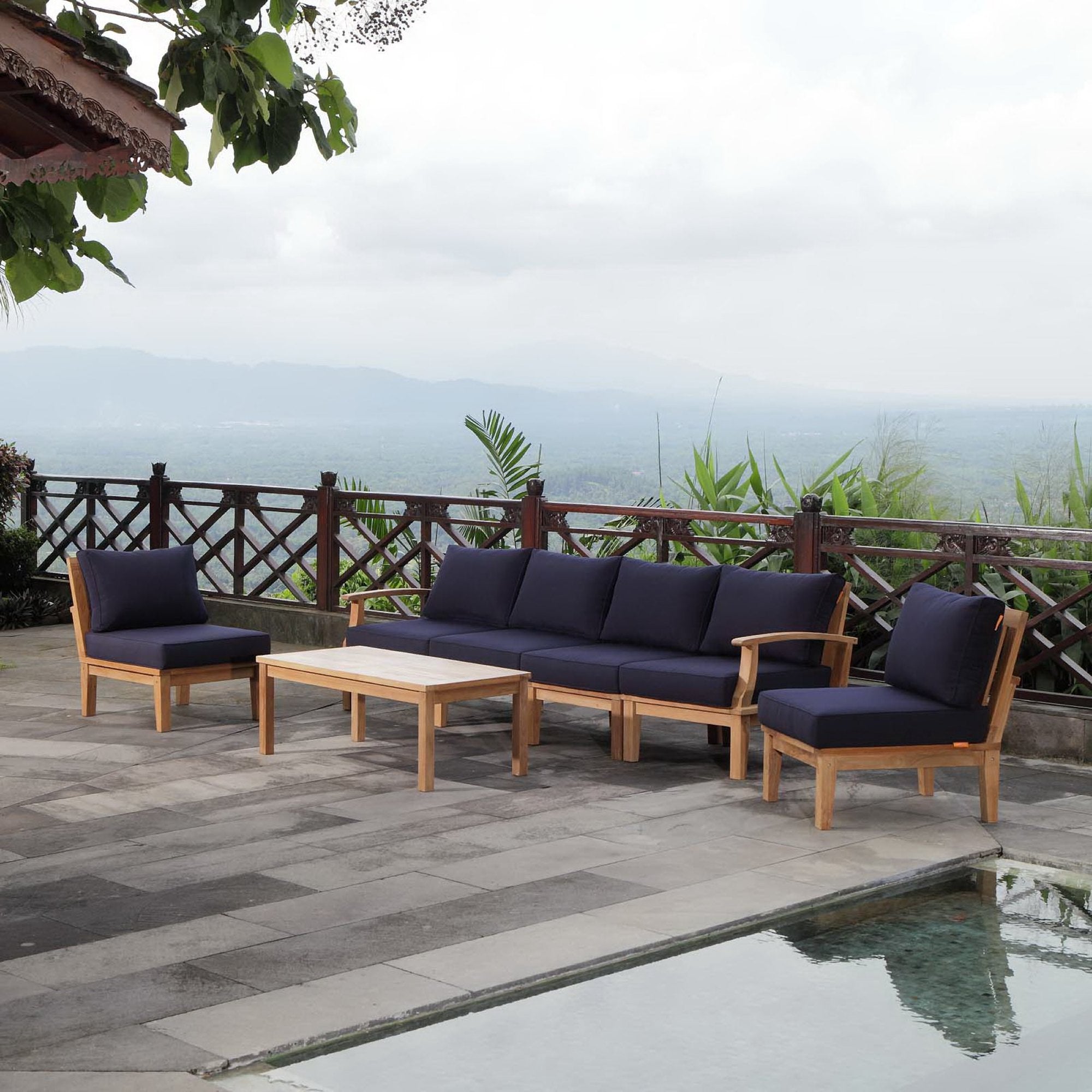 Marina 7 Piece Outdoor Patio Teak Set - Natural Navy (Left-Arm Sofa, 4 Sofas, Coffee Table, Right-Arm Sofa)