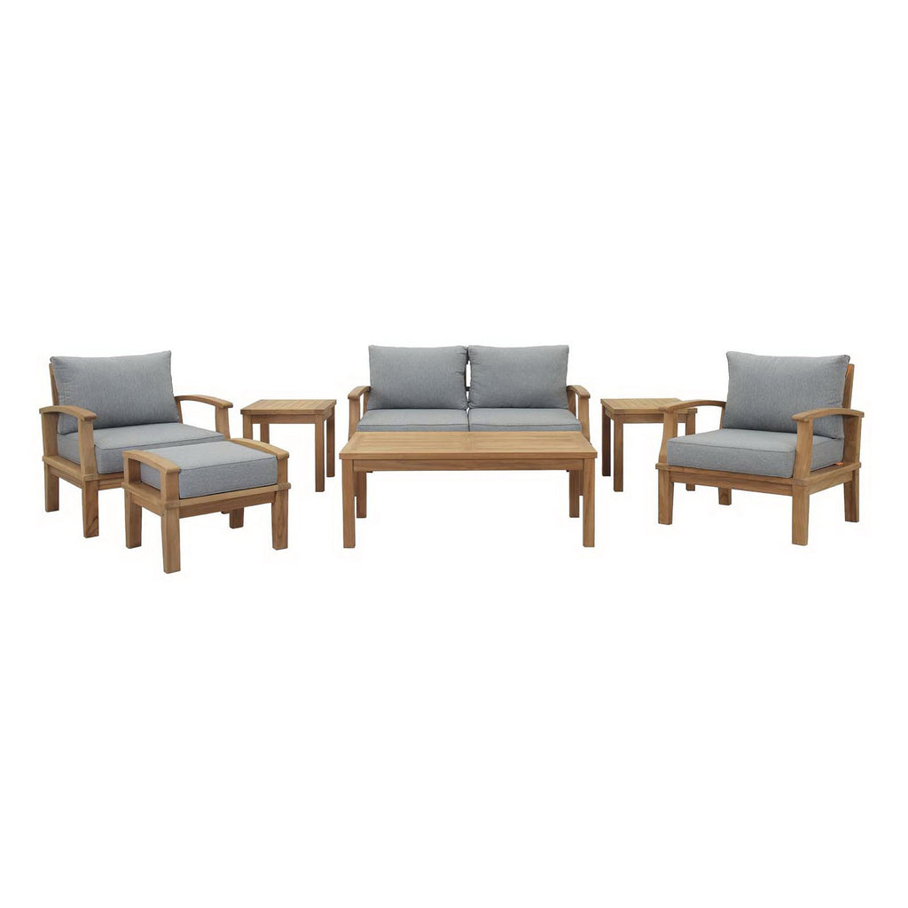 Marina 7 Piece Outdoor Patio Teak Set - Natural Gray (2 Armchairs, Loveseat, Ottoman, Coffee Table, 2 Side Tables)