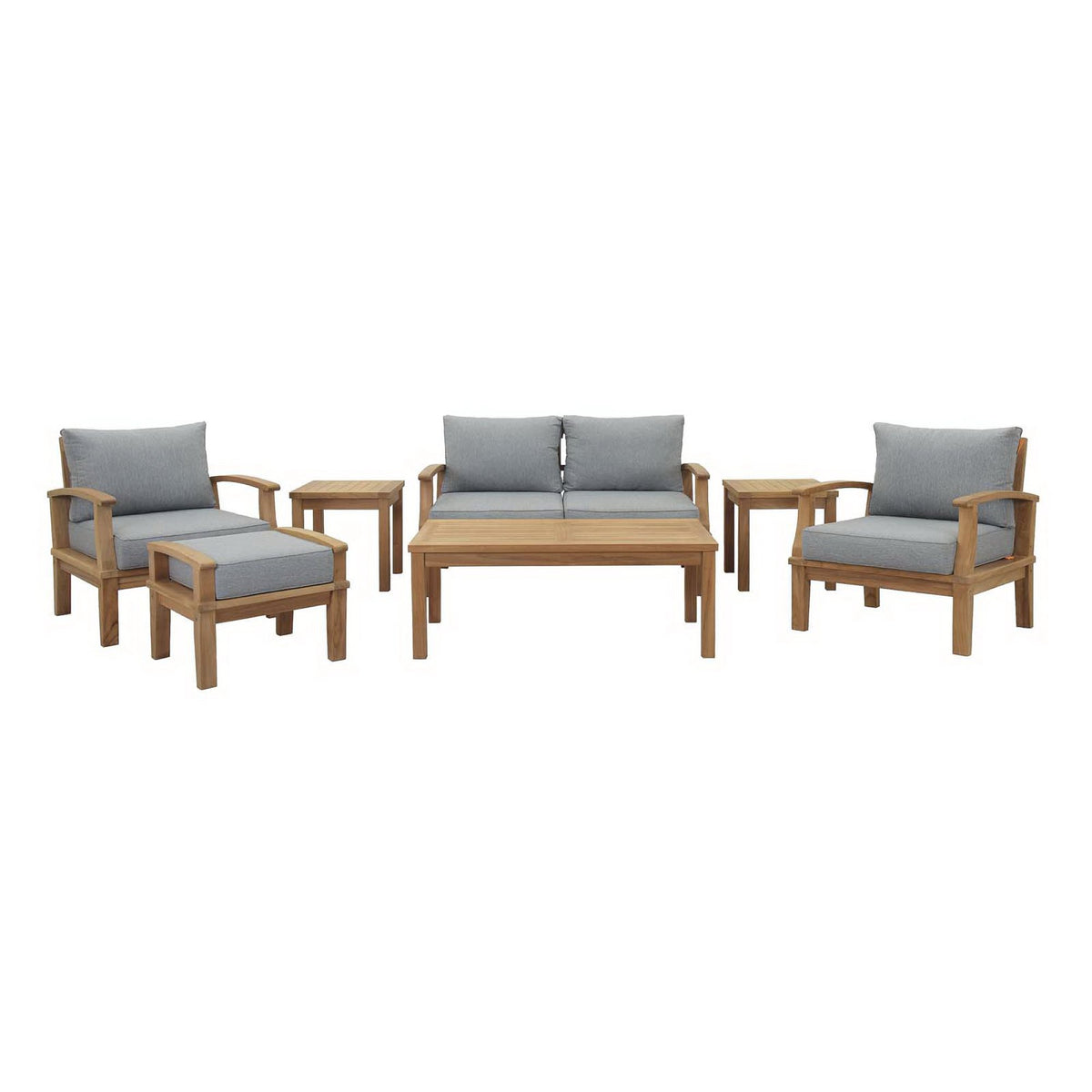 Marina 7 Piece Outdoor Patio Teak Set - Natural Gray (2 Armchairs, Loveseat, Ottoman, Coffee Table, 2 Side Tables)