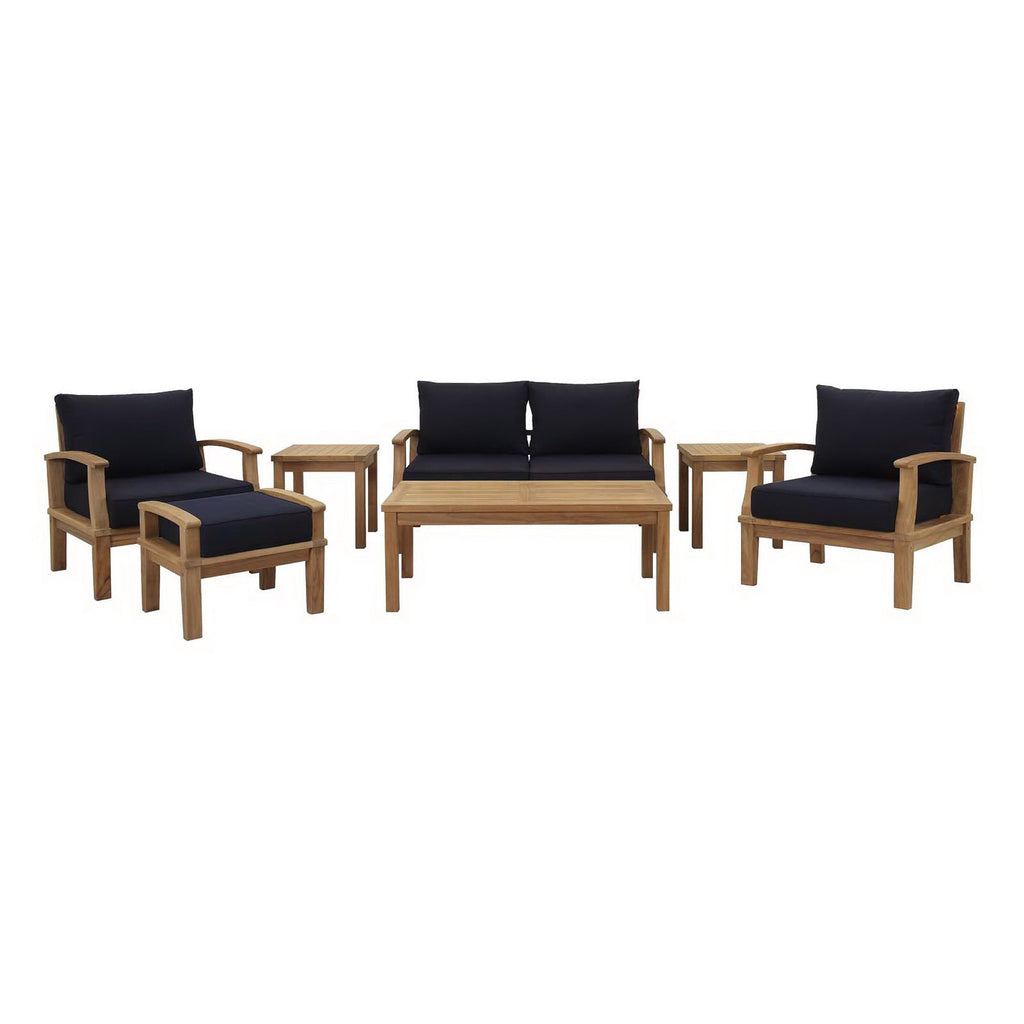 Marina 7 Piece Outdoor Patio Teak Set - Natural Navy (2 Armchairs, Loveseat, Ottoman, Coffee Table, 2 Side Tables)