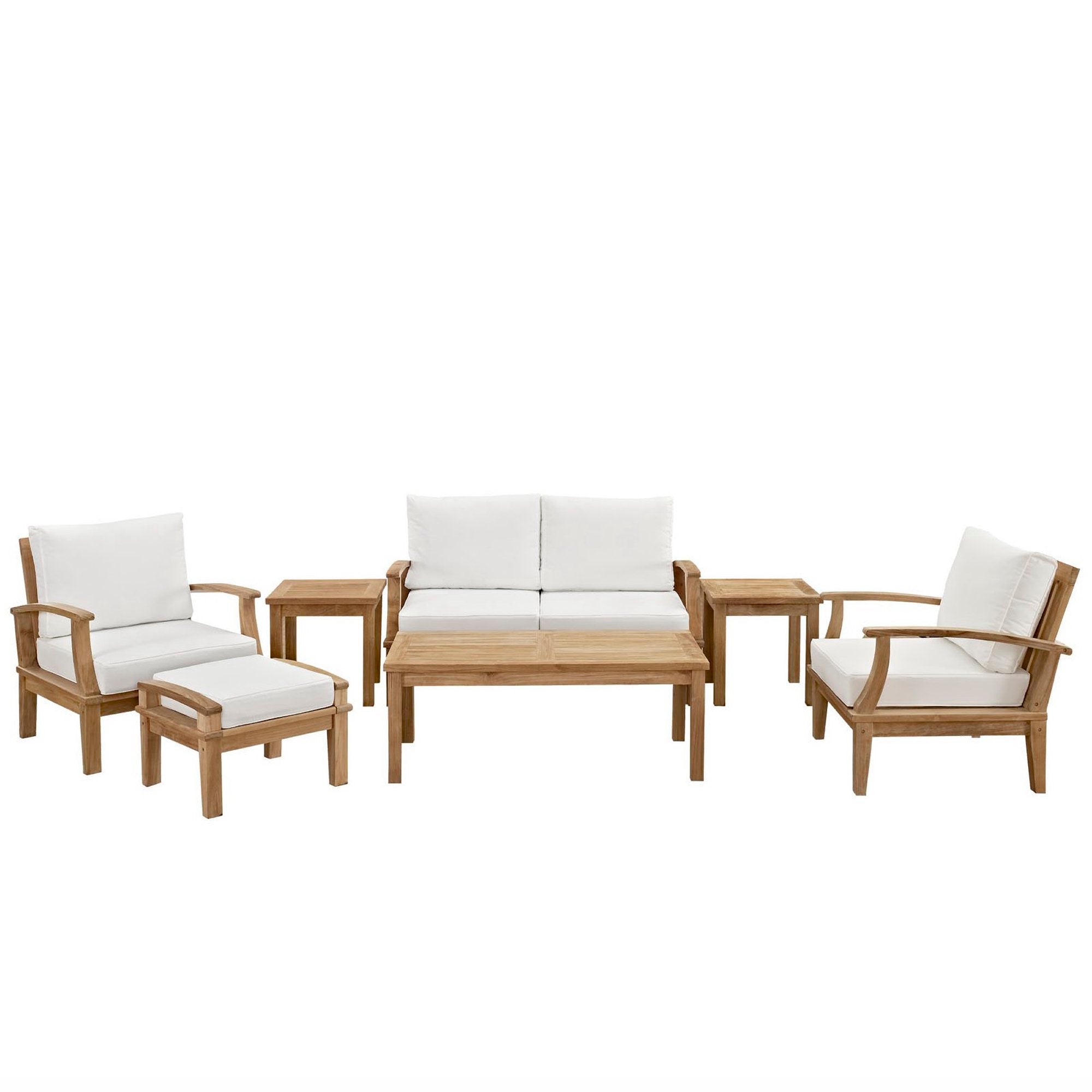 Marina 7 Piece Outdoor Patio Teak Set - Natural White (2 Armchairs, Loveseat, Ottoman, Coffee Table, 2 Side Tables)