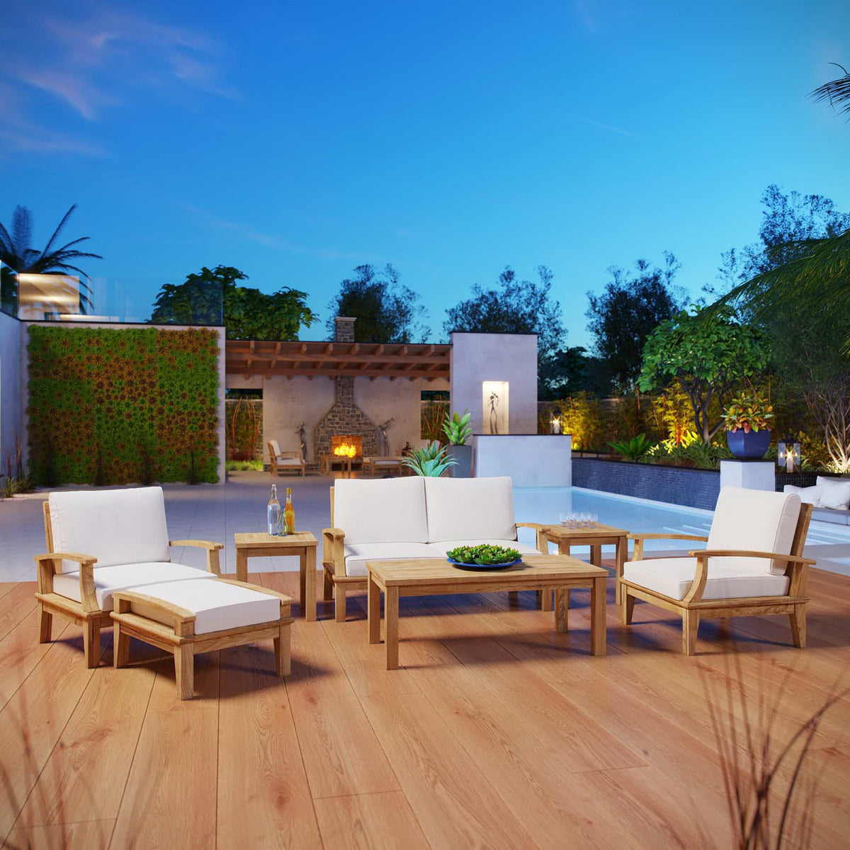 Marina 7 Piece Outdoor Patio Teak Set - Natural White (2 Armchairs, Loveseat, Ottoman, Coffee Table, 2 Side Tables)