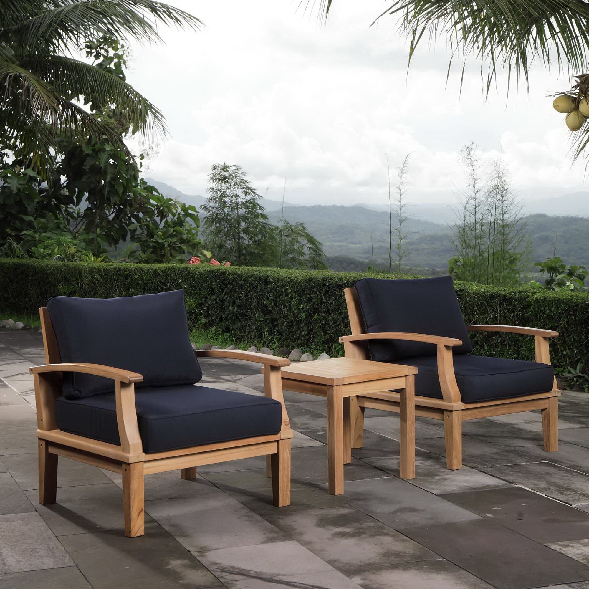 Marina 3 Piece Outdoor Patio Teak Set - Natural Navy (2 Armchairs, Side Table)