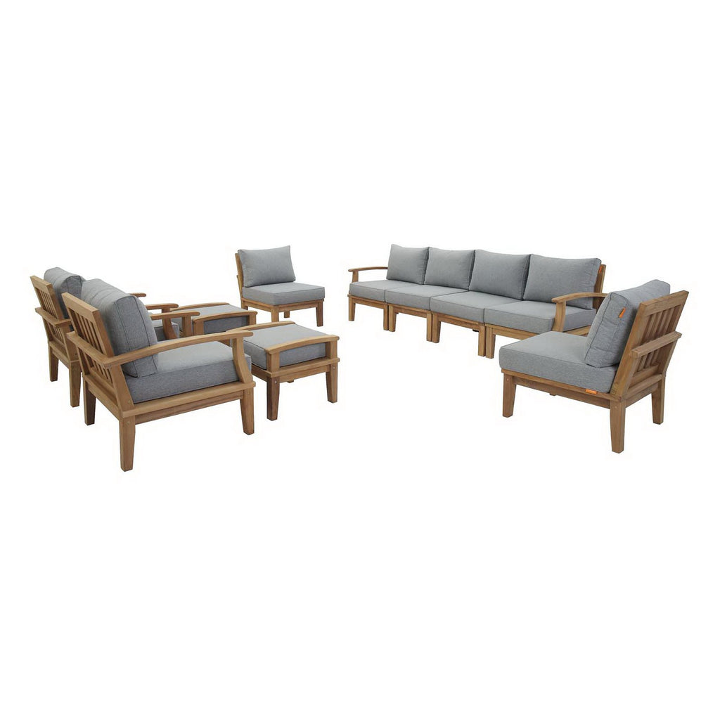 Marina 10 Piece Outdoor Patio Teak Set - Natural Gray (2 Armchairs, Left-Arm Sofa, 4 Sofas, 2 Ottomans, Right-Arm Sofa)